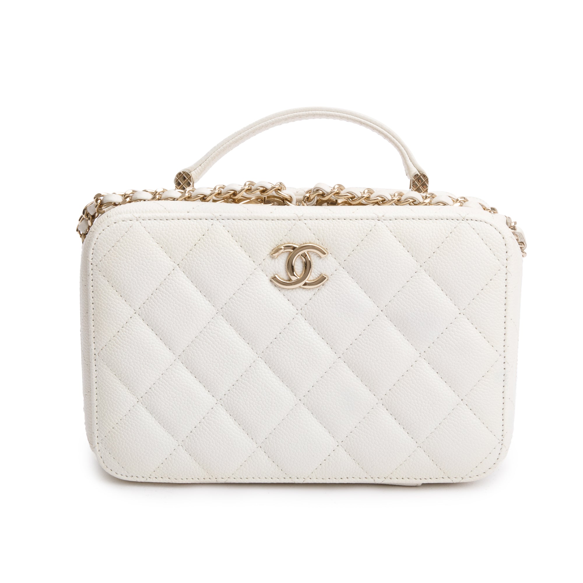 Chanel 2022 White Caviar Leather Small Top Handle Vanity Case w/ Chain