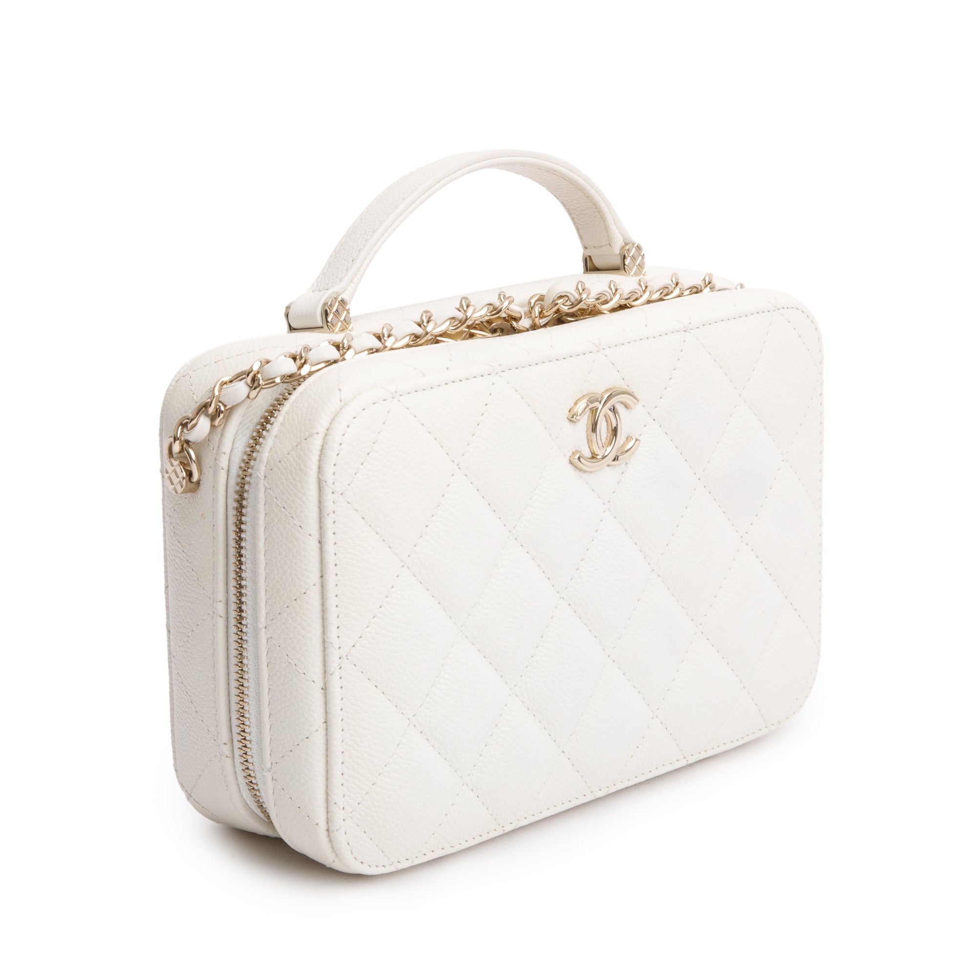 Chanel 2022 White Caviar Leather Small Top Handle Vanity Case w/ Chain