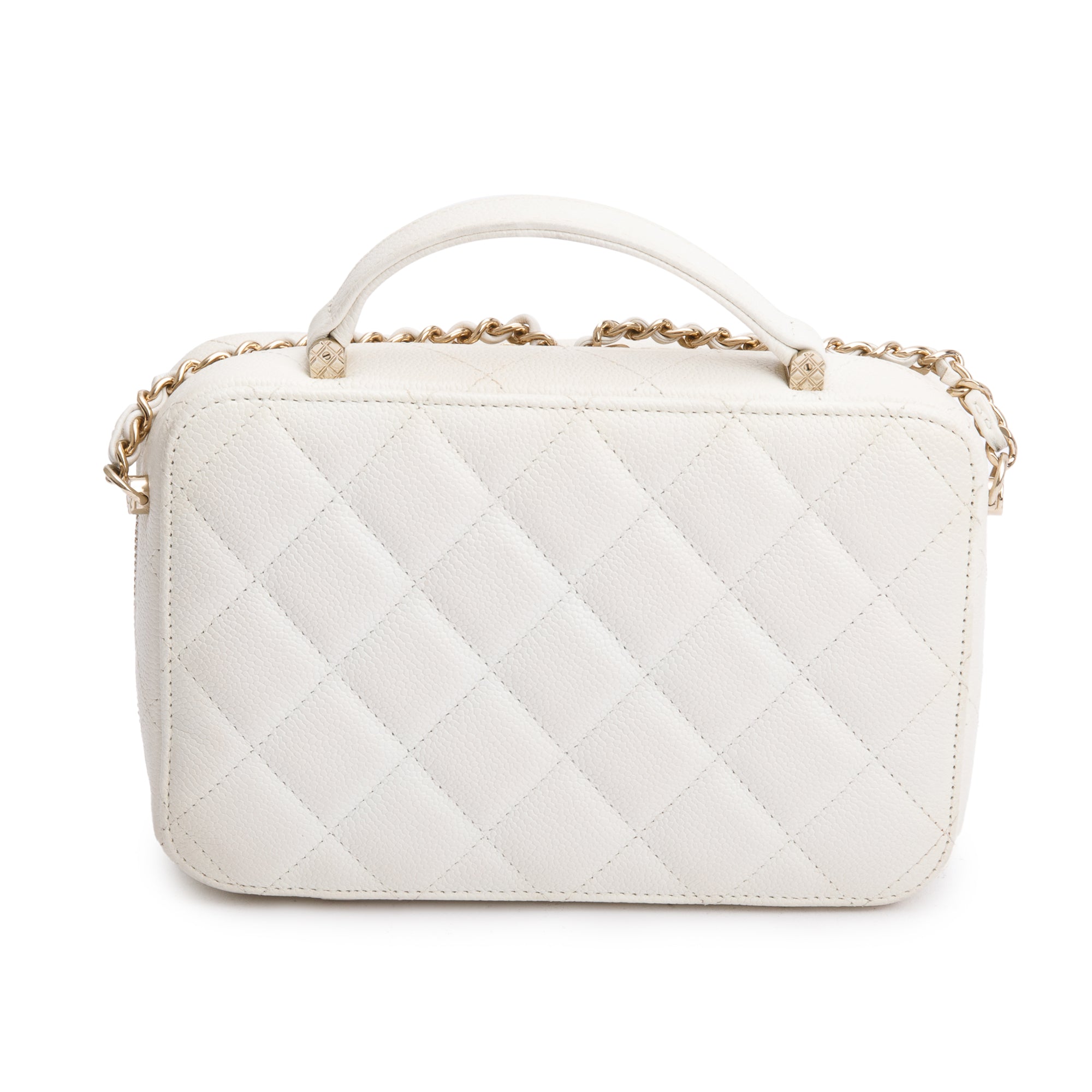 Chanel 2022 White Caviar Leather Small Top Handle Vanity Case w/ Chain