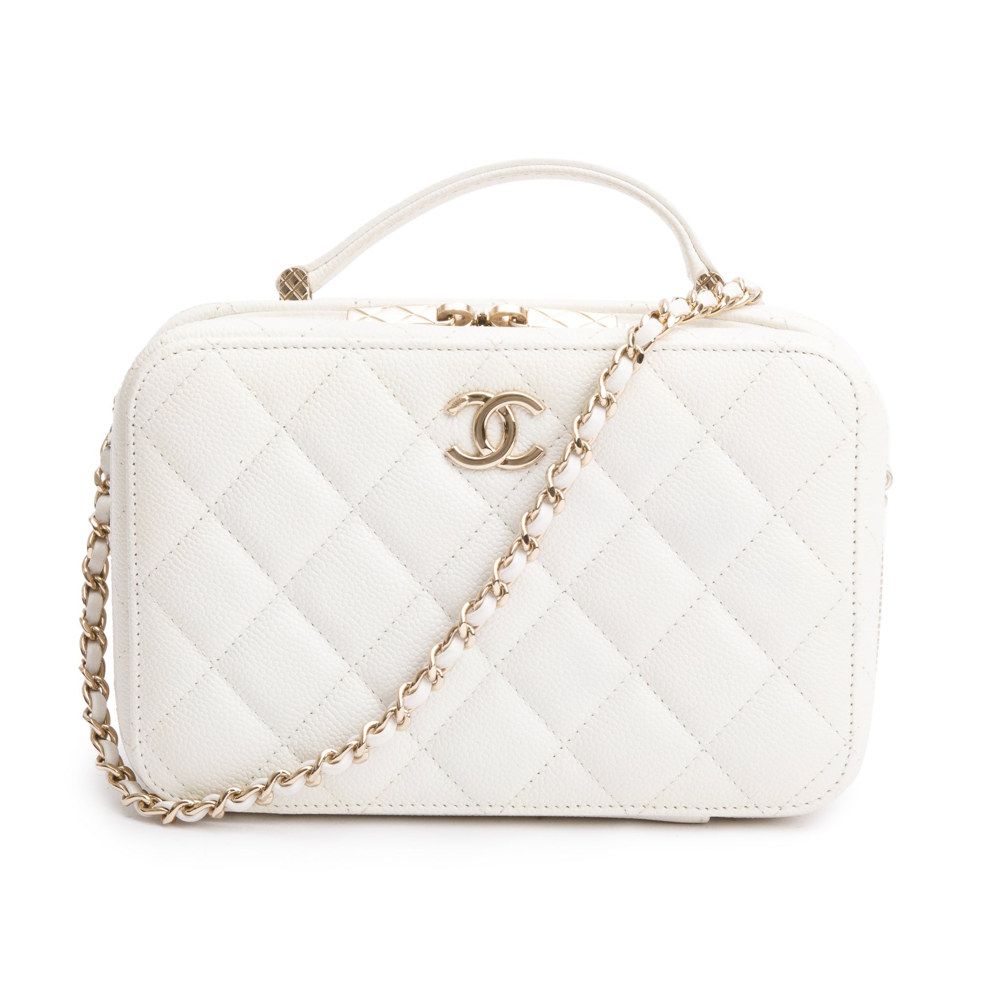 Chanel 2022 White Caviar Leather Small Top Handle Vanity Case w/ Chain