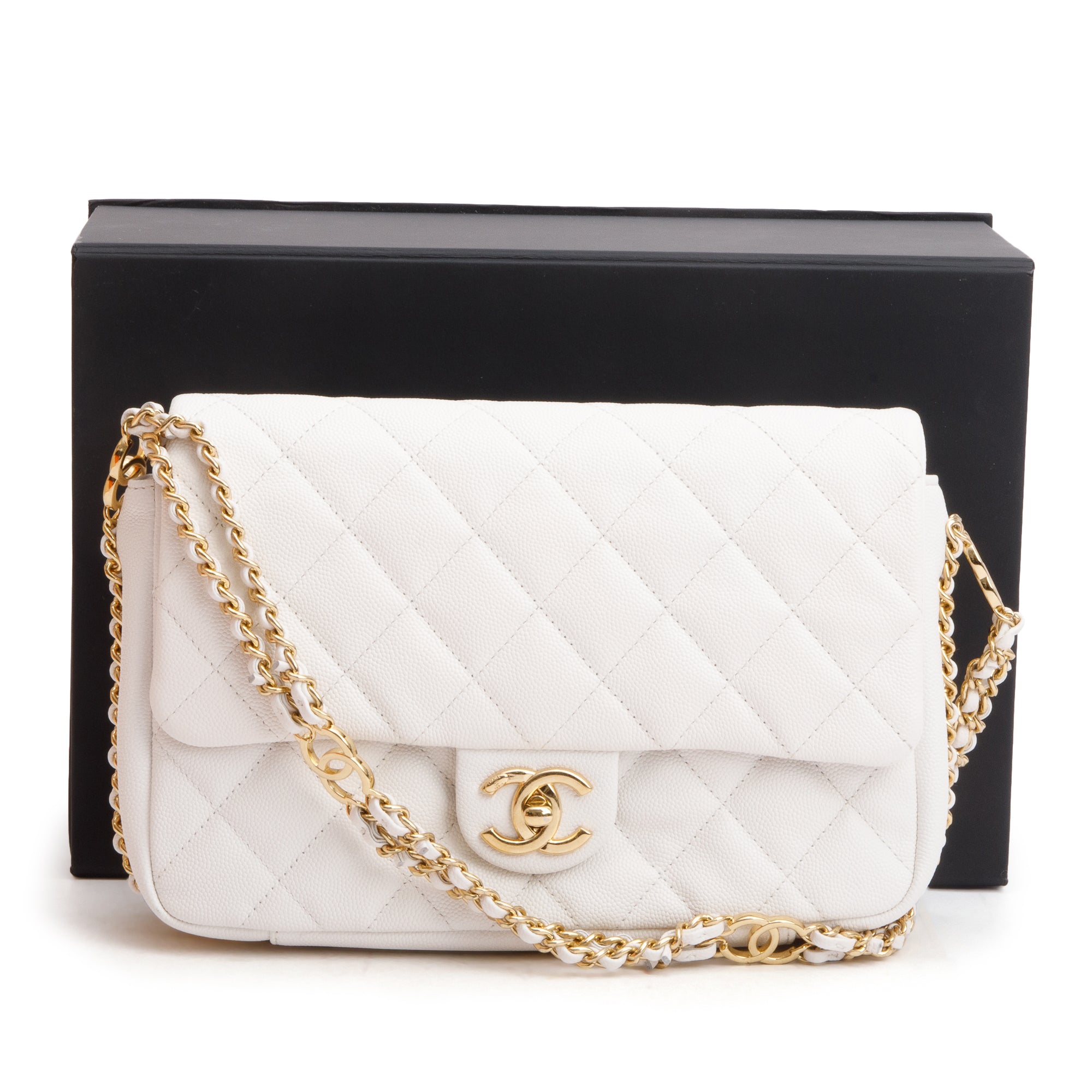 Chanel 2022 White Caviar Quilted Leather Small CC You Flap Bag w/ Box & Receipt