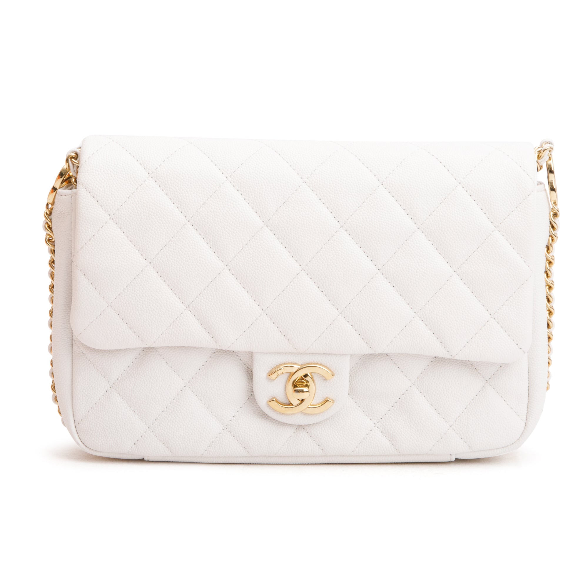 Chanel 2022 White Caviar Quilted Leather Small CC You Flap Bag w/ Box & Receipt