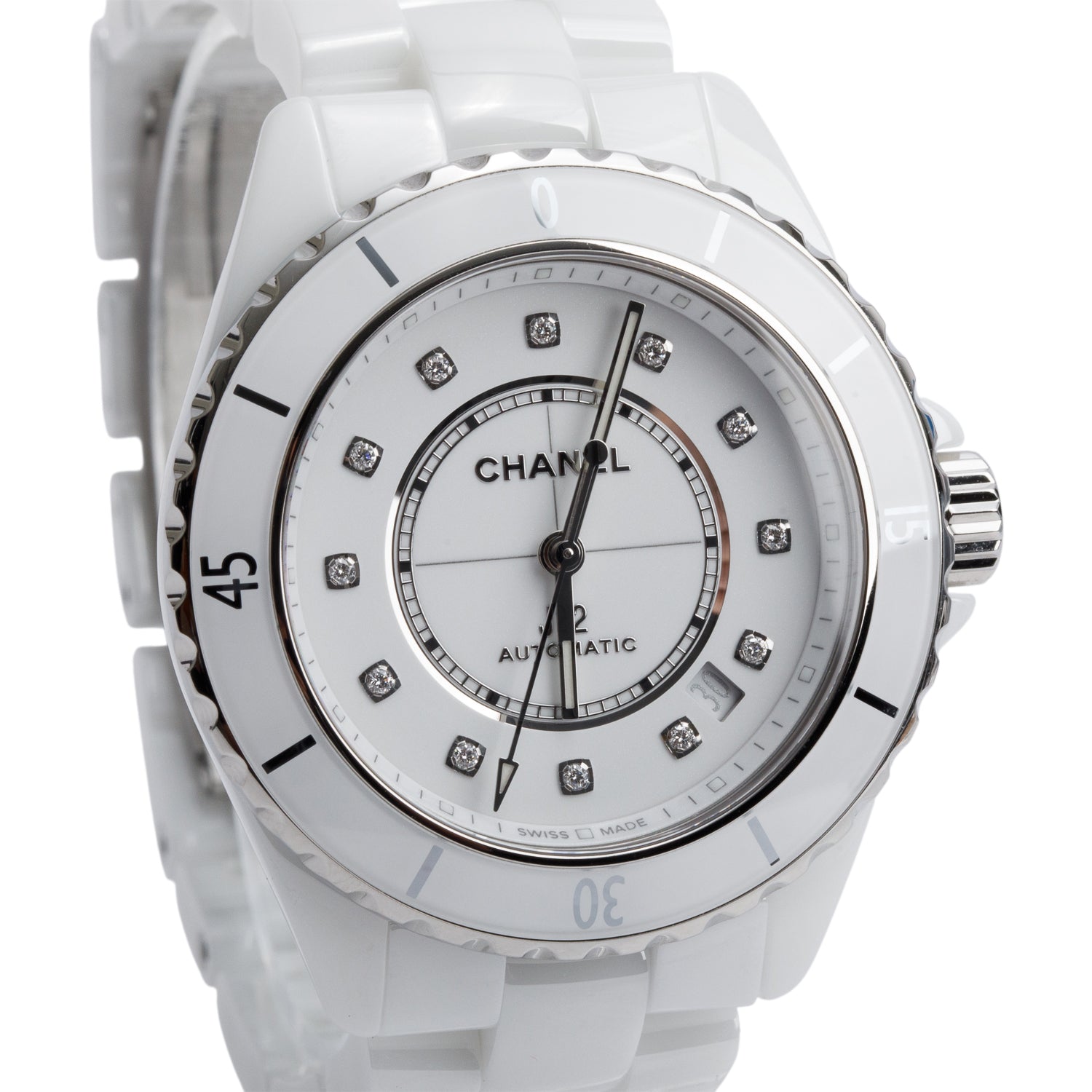 Chanel 2022 White Ceramic J12 38 MM Automatic Watch Diamond Dial w/ Box & Papers