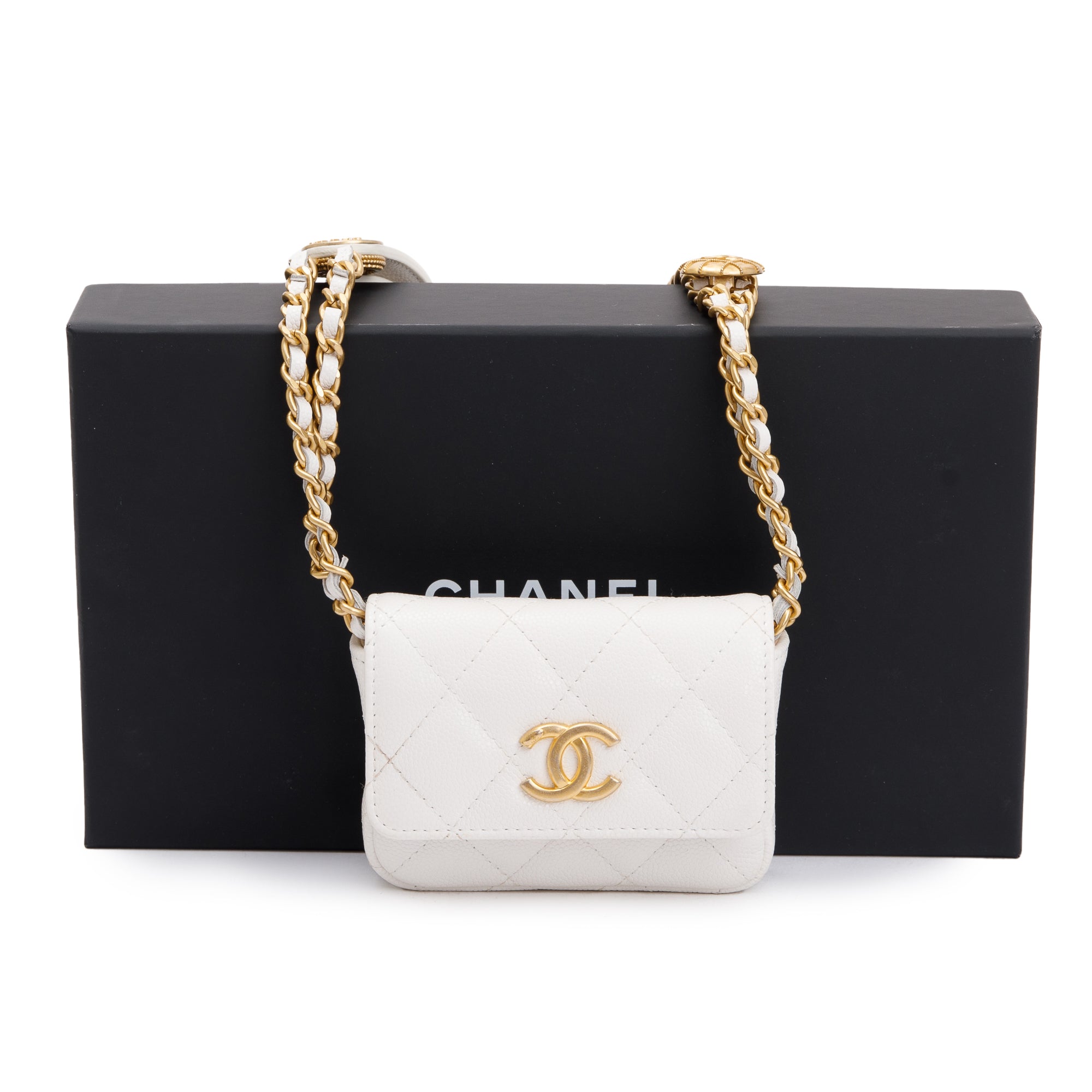 Chanel 2022 White Quilted Caviar Leather Twist Your Buttons Flap Chain Belt Bag w/ Box