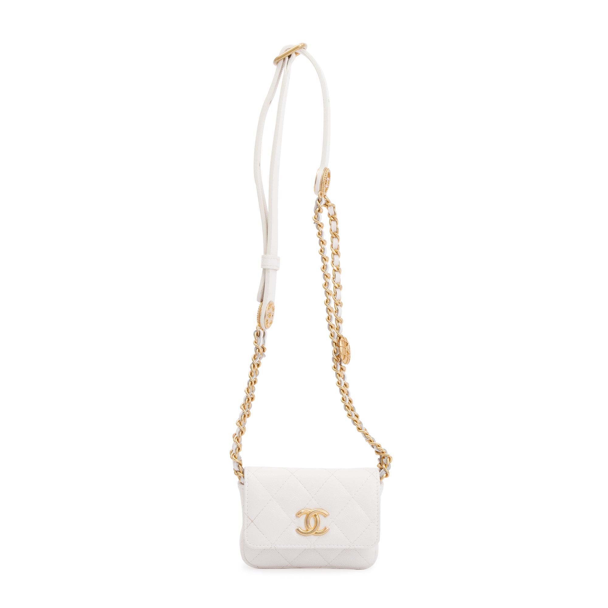 Chanel 2022 White Quilted Caviar Leather Twist Your Buttons Flap Chain Belt Bag w/ Box