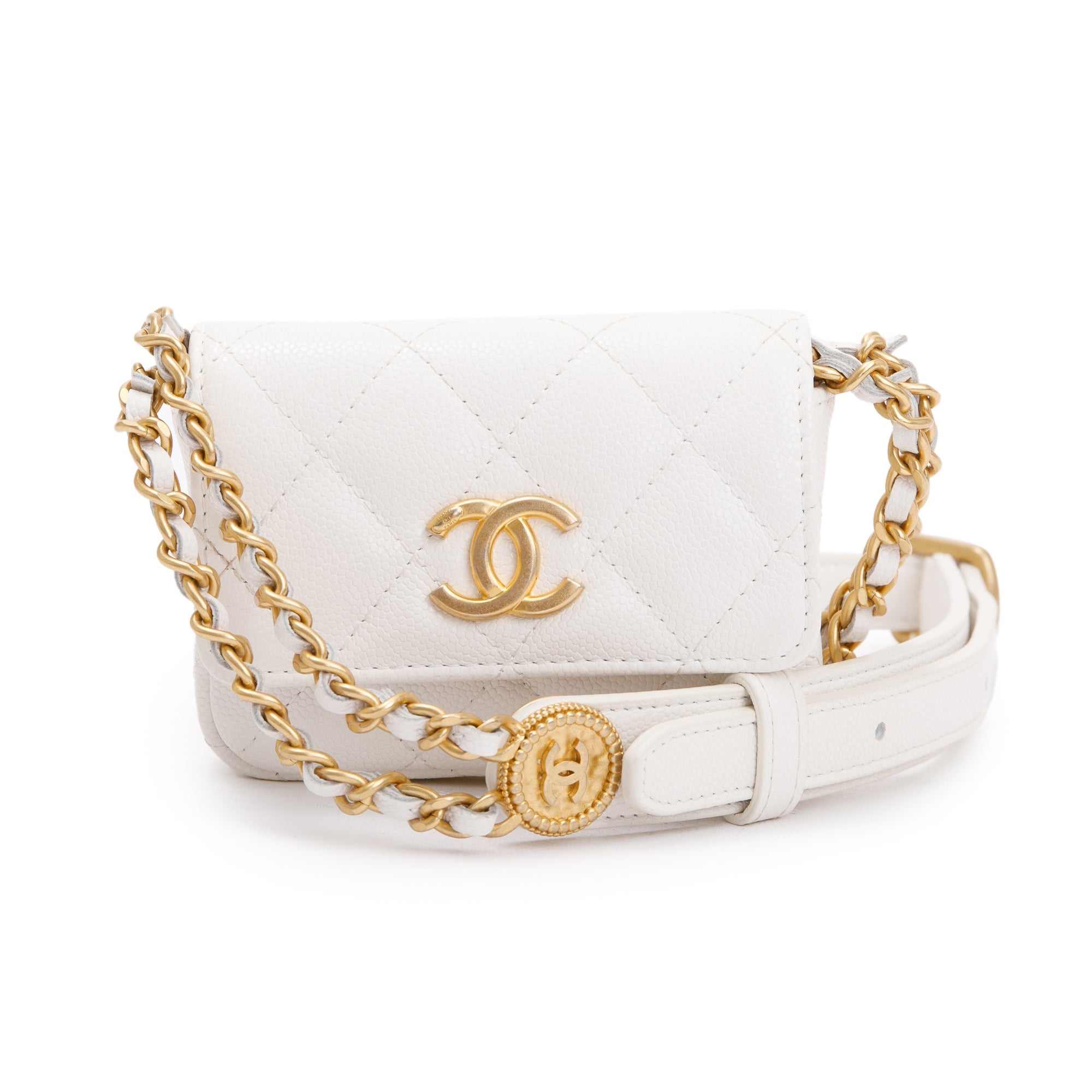 Chanel 2022 White Quilted Caviar Leather Twist Your Buttons Flap Chain Belt Bag w/ Box