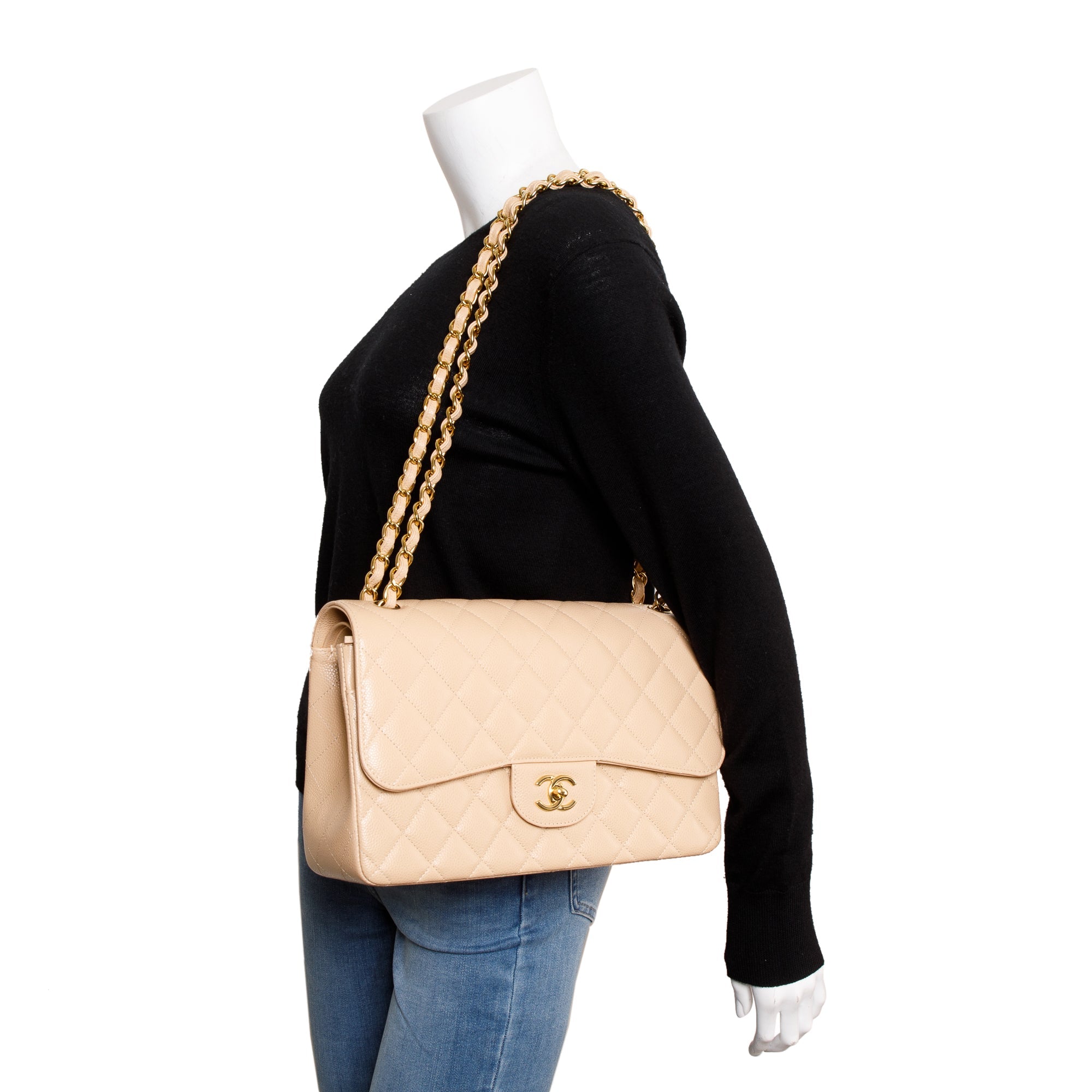 Chanel 2023 Beige Caviar Classic Jumbo Double Flap Bag w/ Box