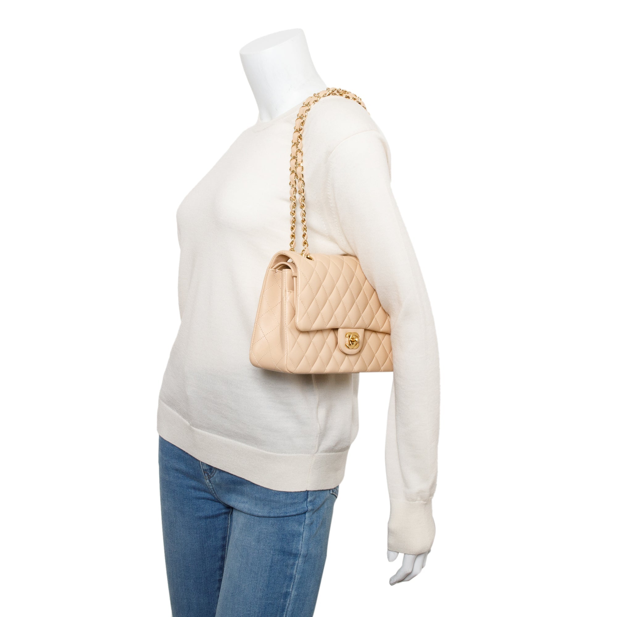 Chanel 2023 Beige Lambskin Leather Medium Classic Double Classic Flap Bag w/ Box