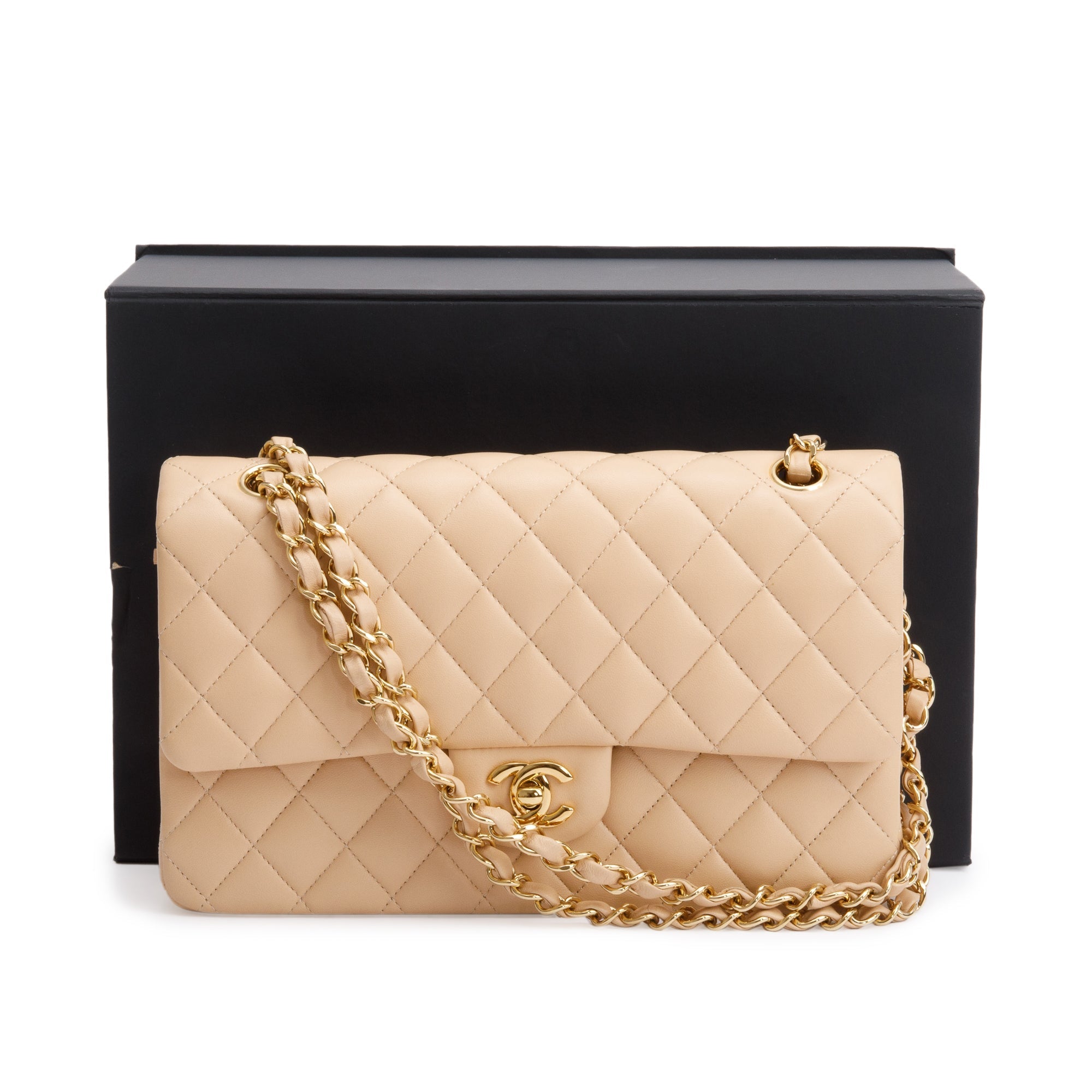 Chanel 2023 Beige Lambskin Leather Medium Classic Double Classic Flap Bag w/ Box