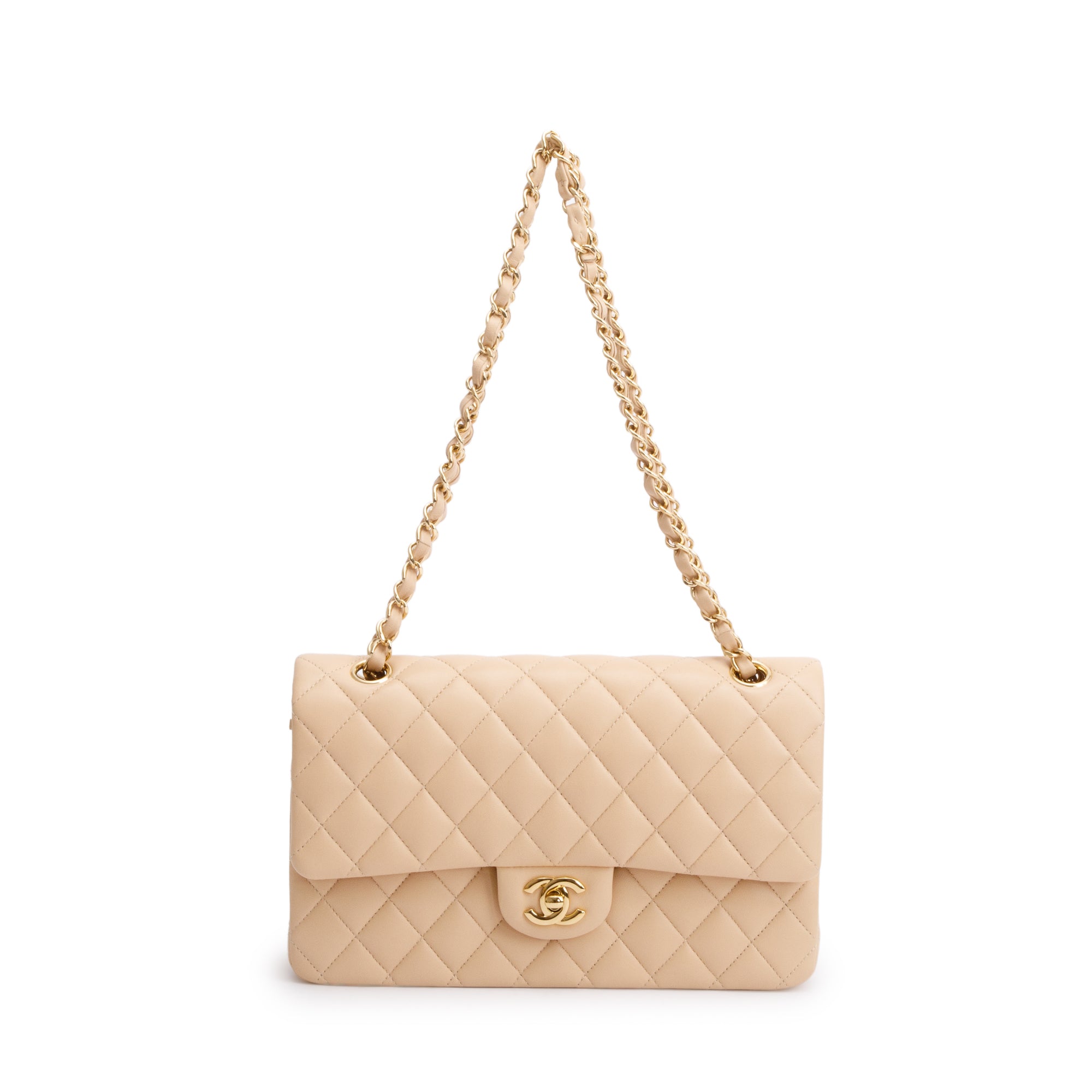 Chanel 2023 Beige Lambskin Leather Medium Classic Double Classic Flap Bag w/ Box