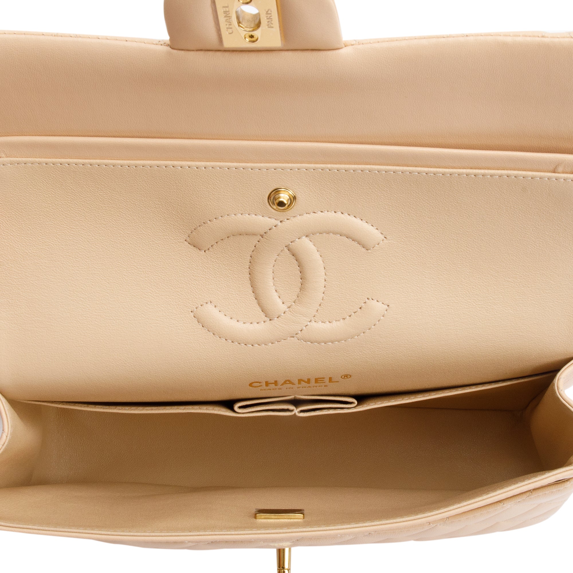 Chanel 2023 Beige Lambskin Leather Medium Classic Double Classic Flap Bag w/ Box