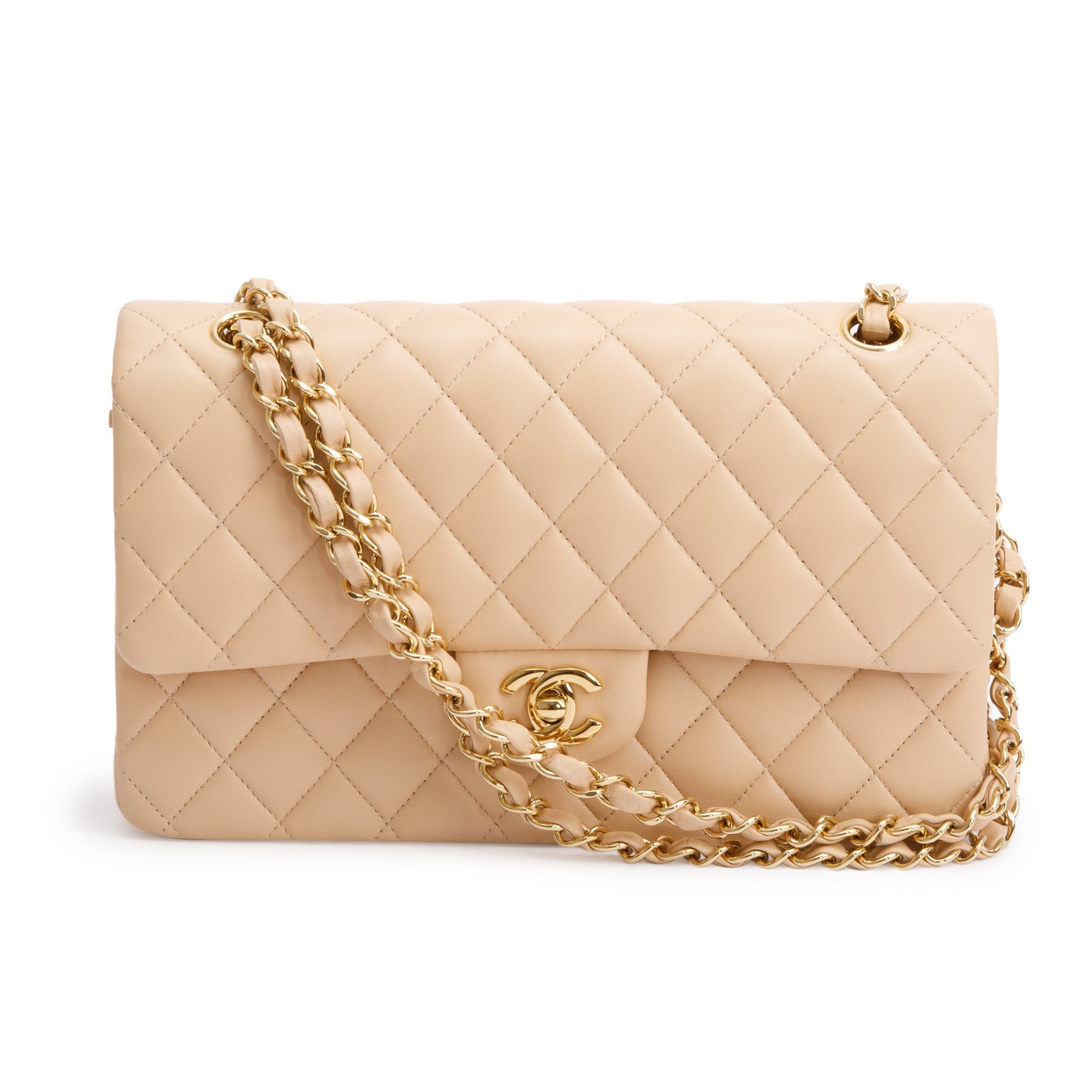 Chanel 2023 Beige Lambskin Leather Medium Classic Double Classic Flap Bag w/ Box