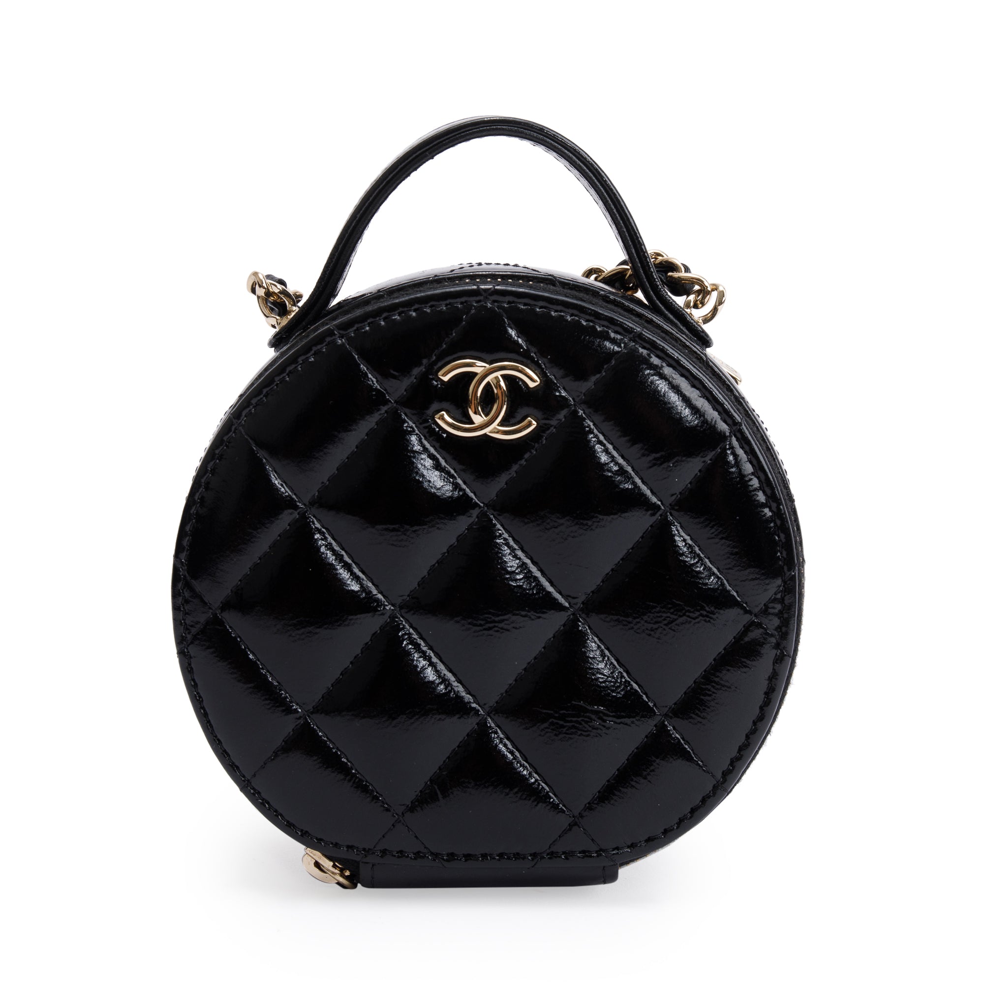 Chanel 2023 Black Lambskin Leather Handle with Care Round Vanity Case