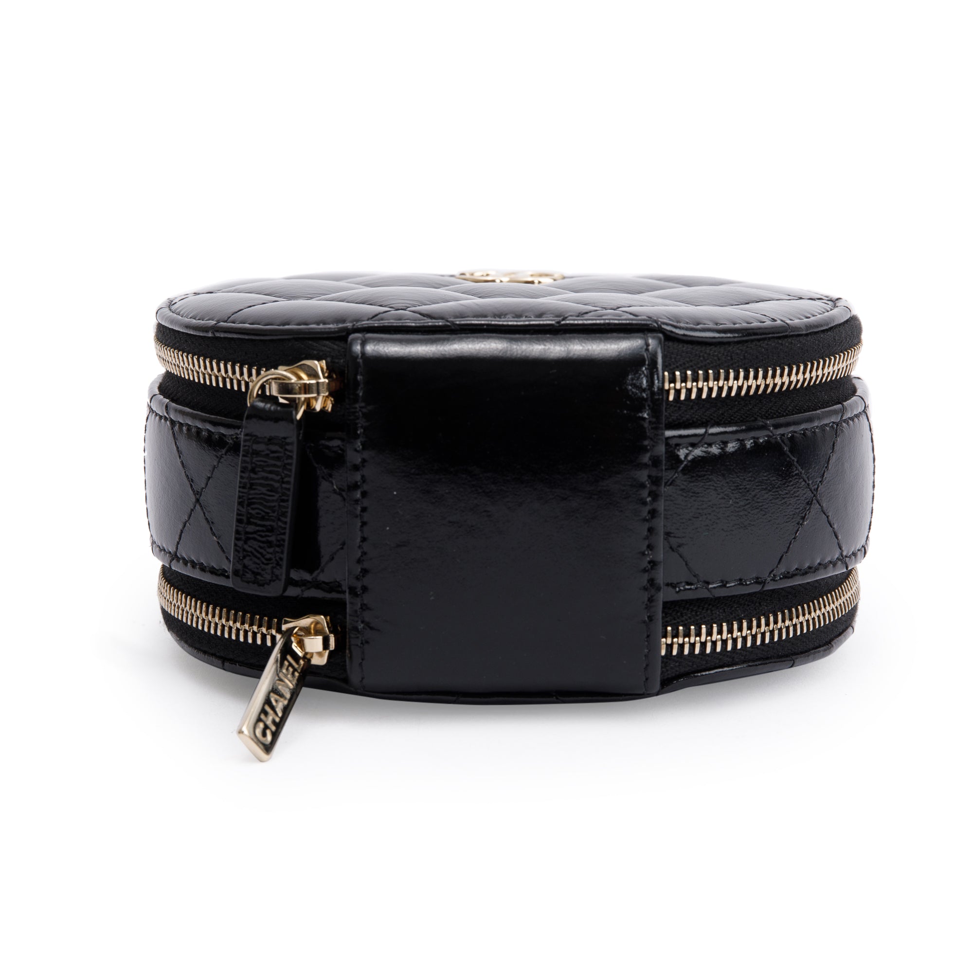 Chanel 2023 Black Lambskin Leather Handle with Care Round Vanity Case