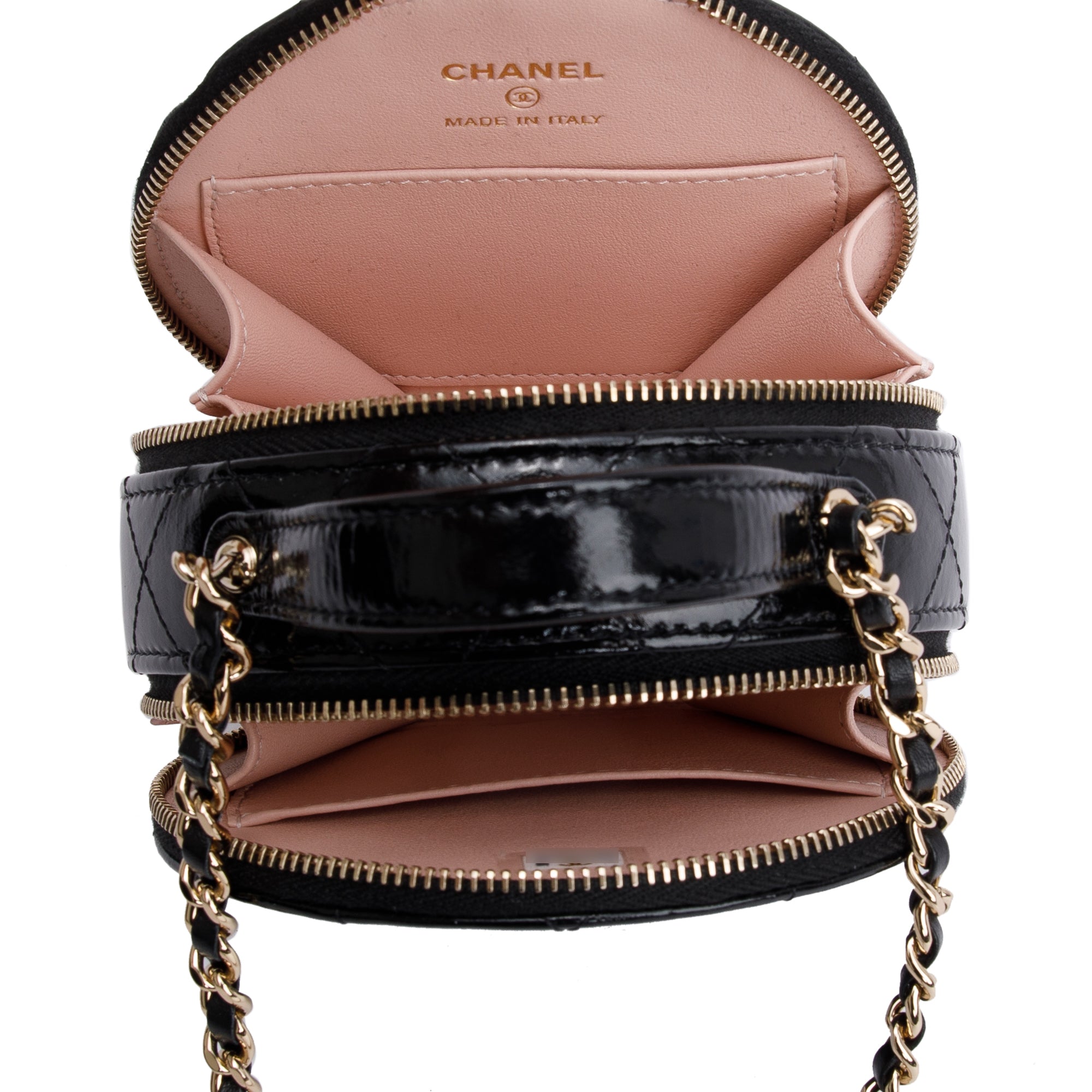 Chanel 2023 Black Lambskin Leather Handle with Care Round Vanity Case