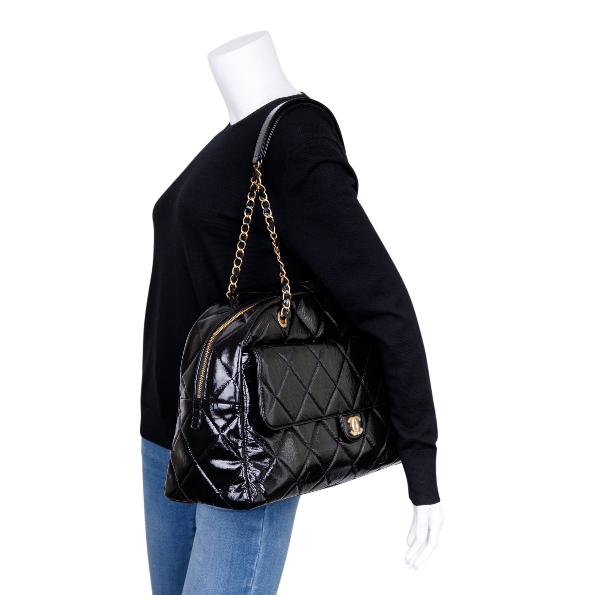 Chanel 2023 Black Patent Leather Maxi Bowling Bag