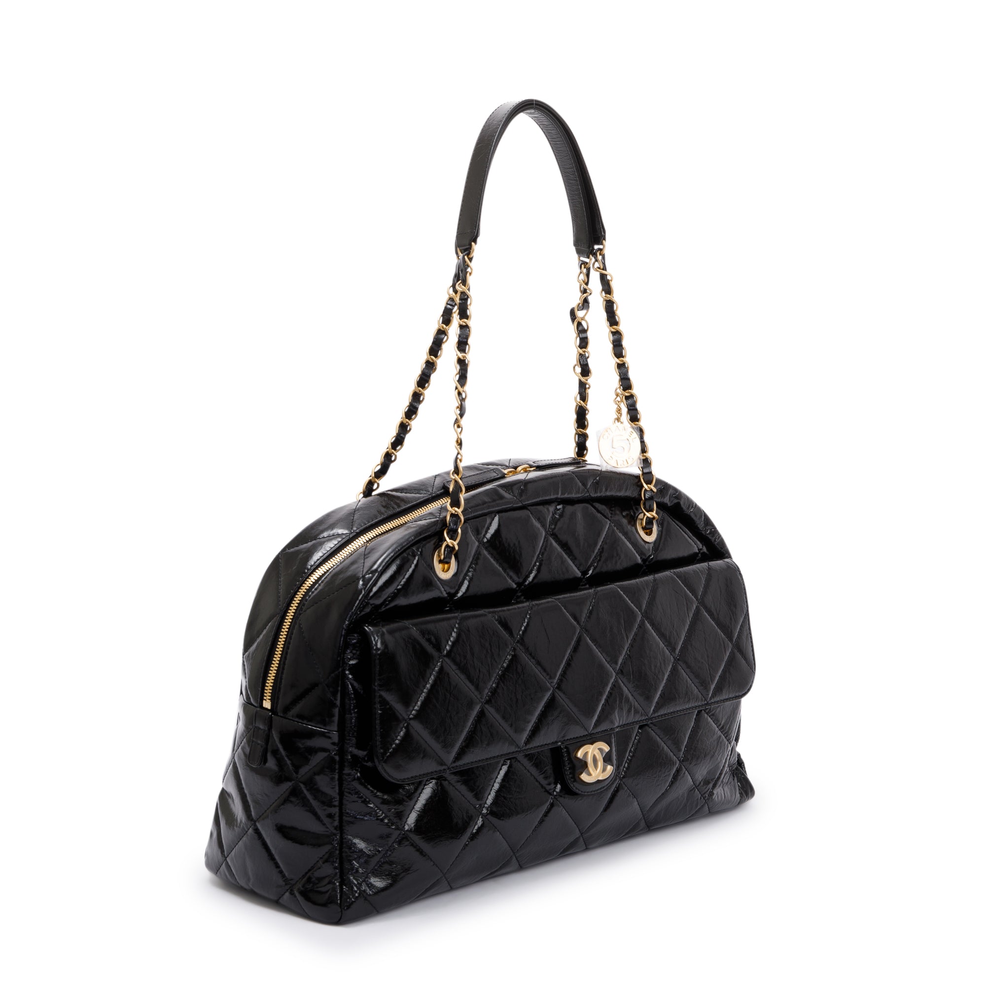 Chanel 2023 Black Patent Leather Maxi Bowling Bag