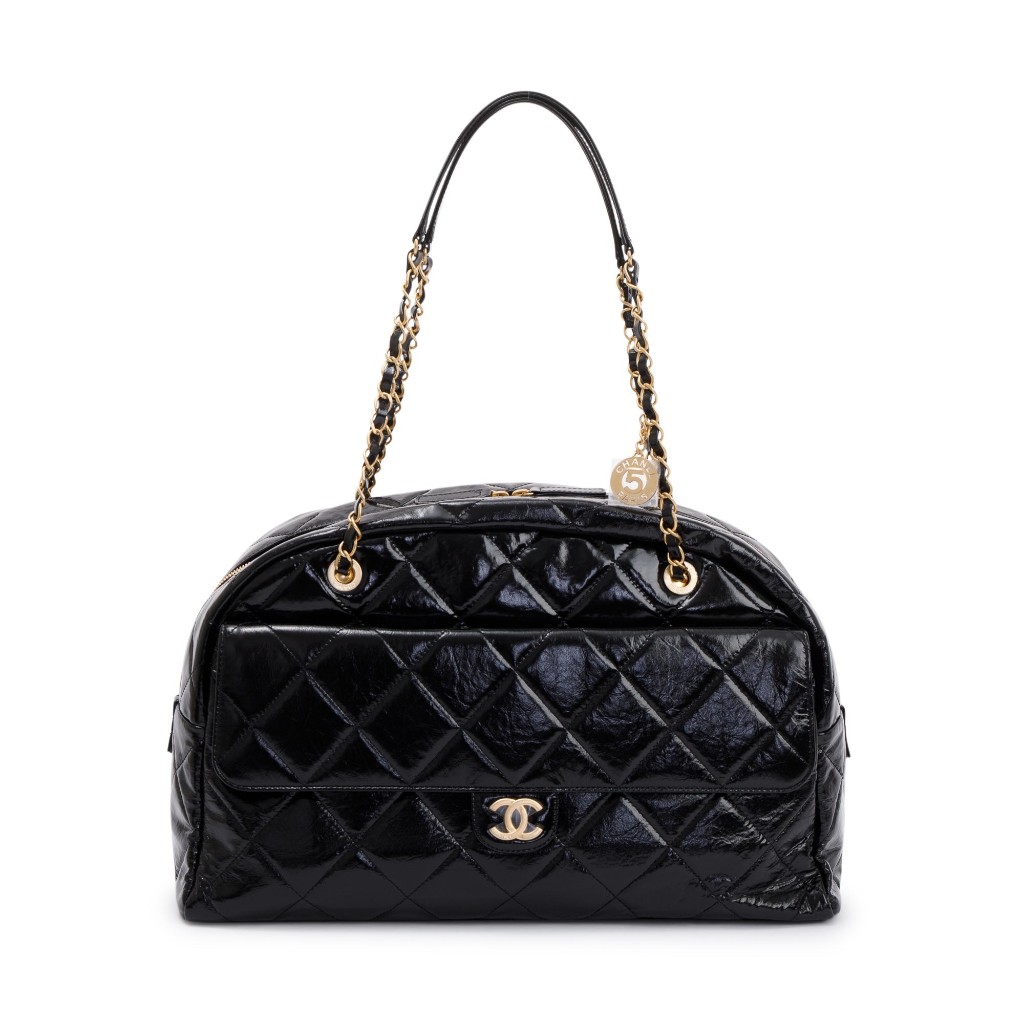 Chanel 2023 Black Patent Leather Maxi Bowling Bag