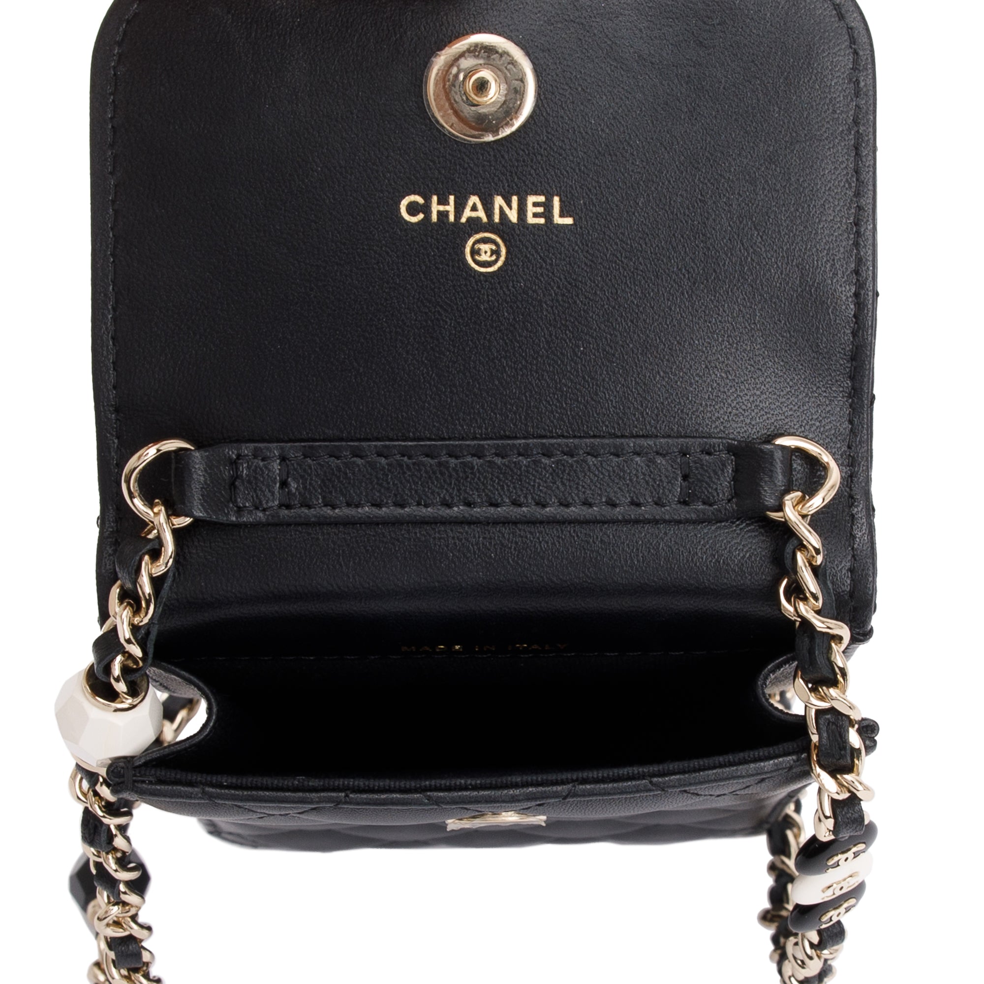 Chanel 2023 Black Quilted Calfskin Leather Candy CC Chain Phone Holder w/ Box