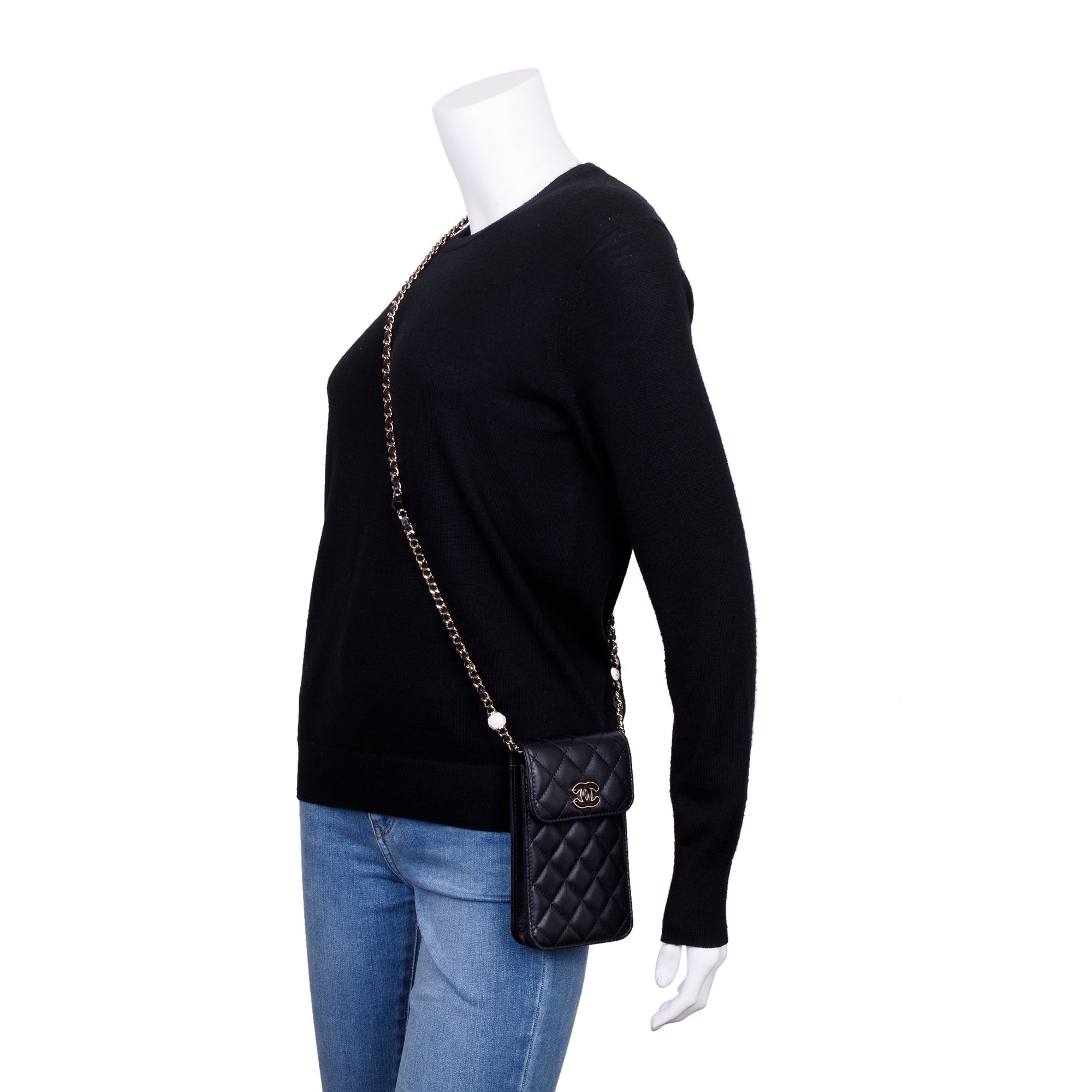 Chanel 2023 Black Quilted Calfskin Leather Candy CC Chain Phone Holder w/ Box