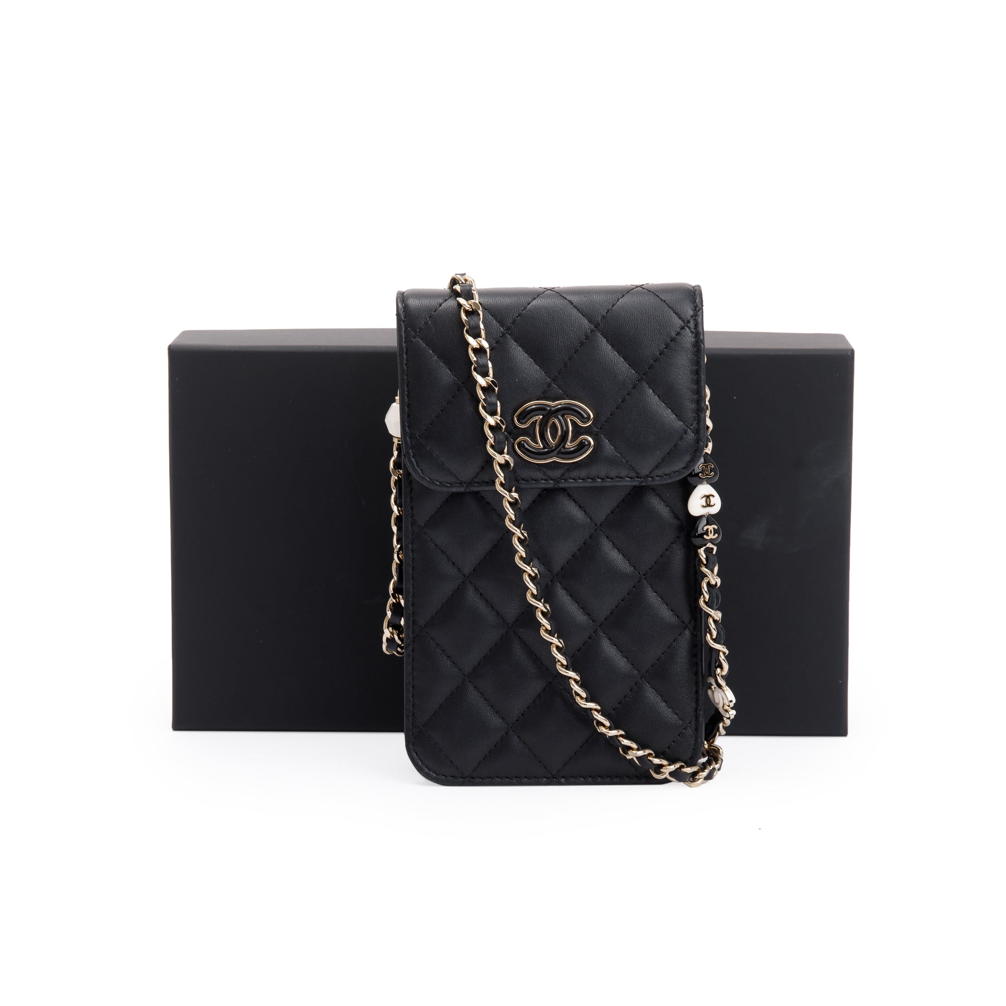 Chanel 2023 Black Quilted Calfskin Leather Candy CC Chain Phone Holder w/ Box