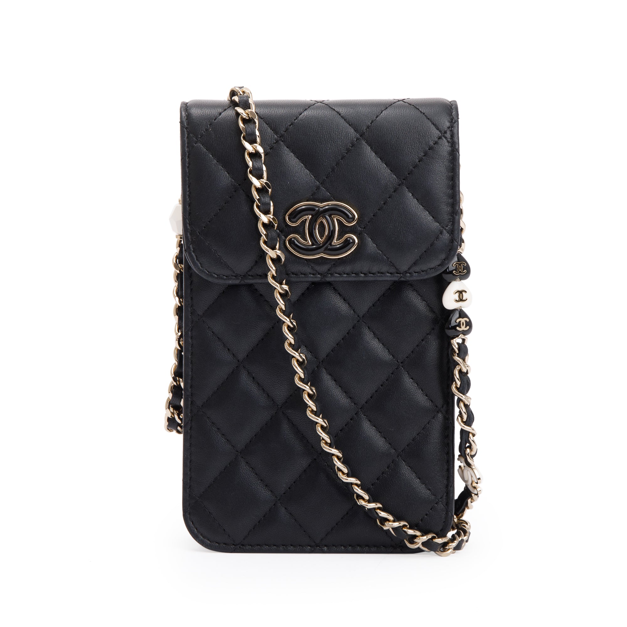 Chanel 2023 Black Quilted Calfskin Leather Candy CC Chain Phone Holder w/ Box