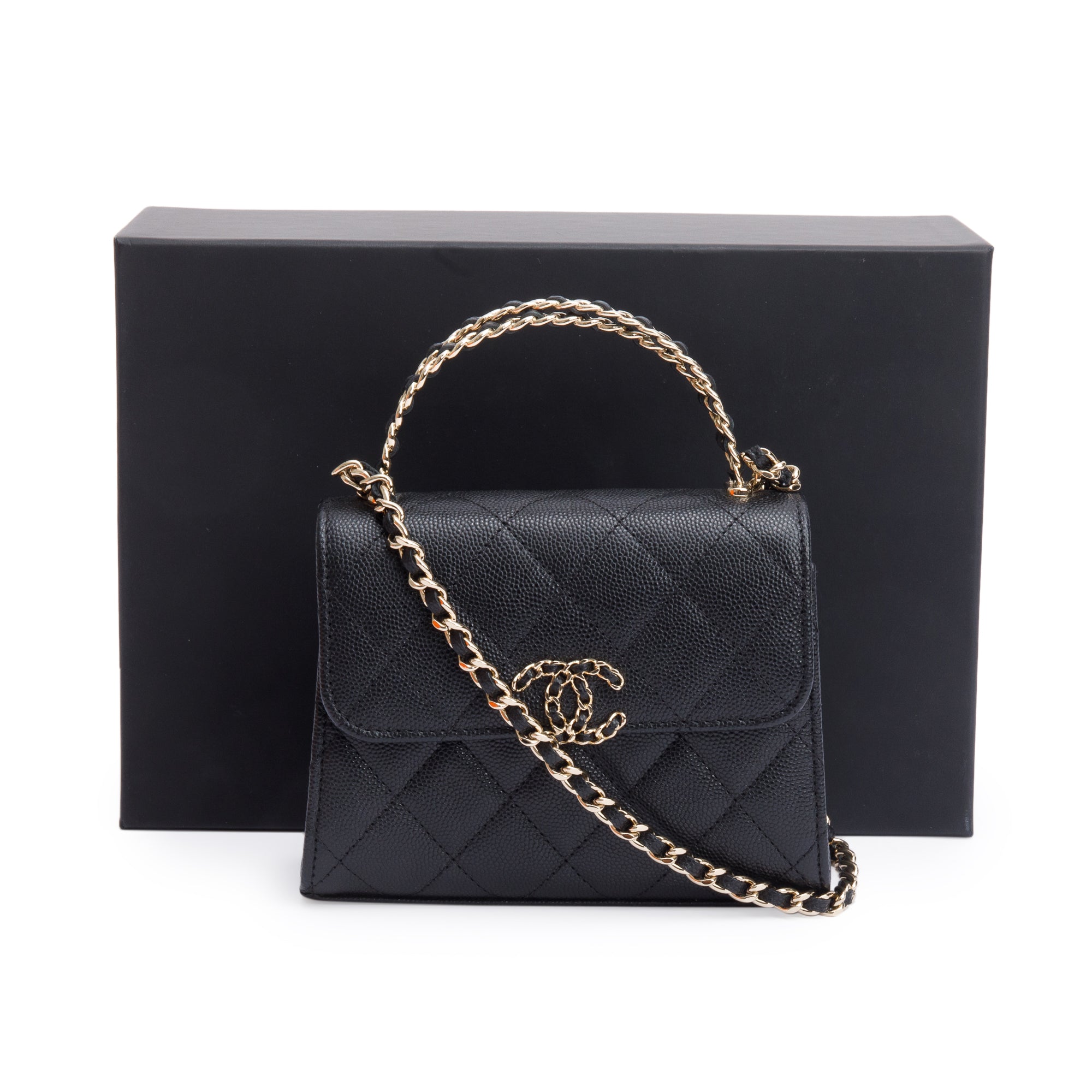 Chanel 2023 Black Quilted Caviar Leather Chain Top Handle on Chain w/ Box