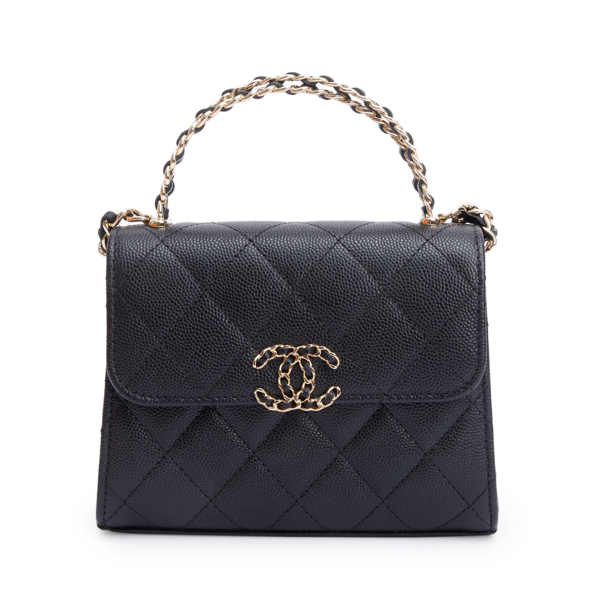 Chanel 2023 Black Quilted Caviar Leather Chain Top Handle on Chain w/ Box