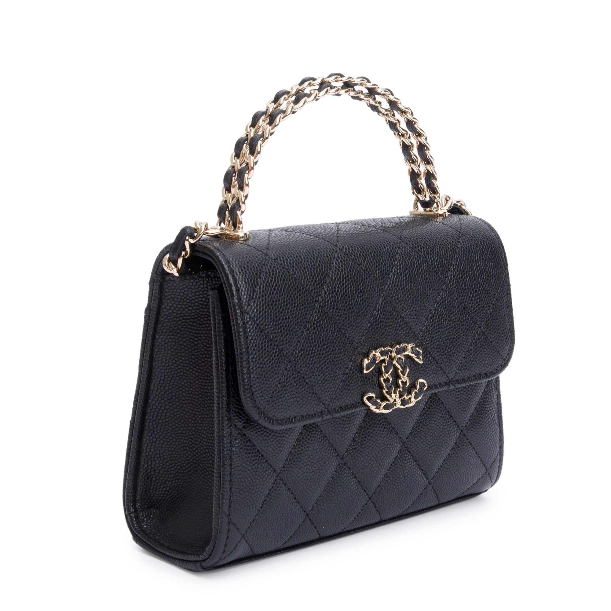 Chanel 2023 Black Quilted Caviar Leather Chain Top Handle on Chain w/ Box