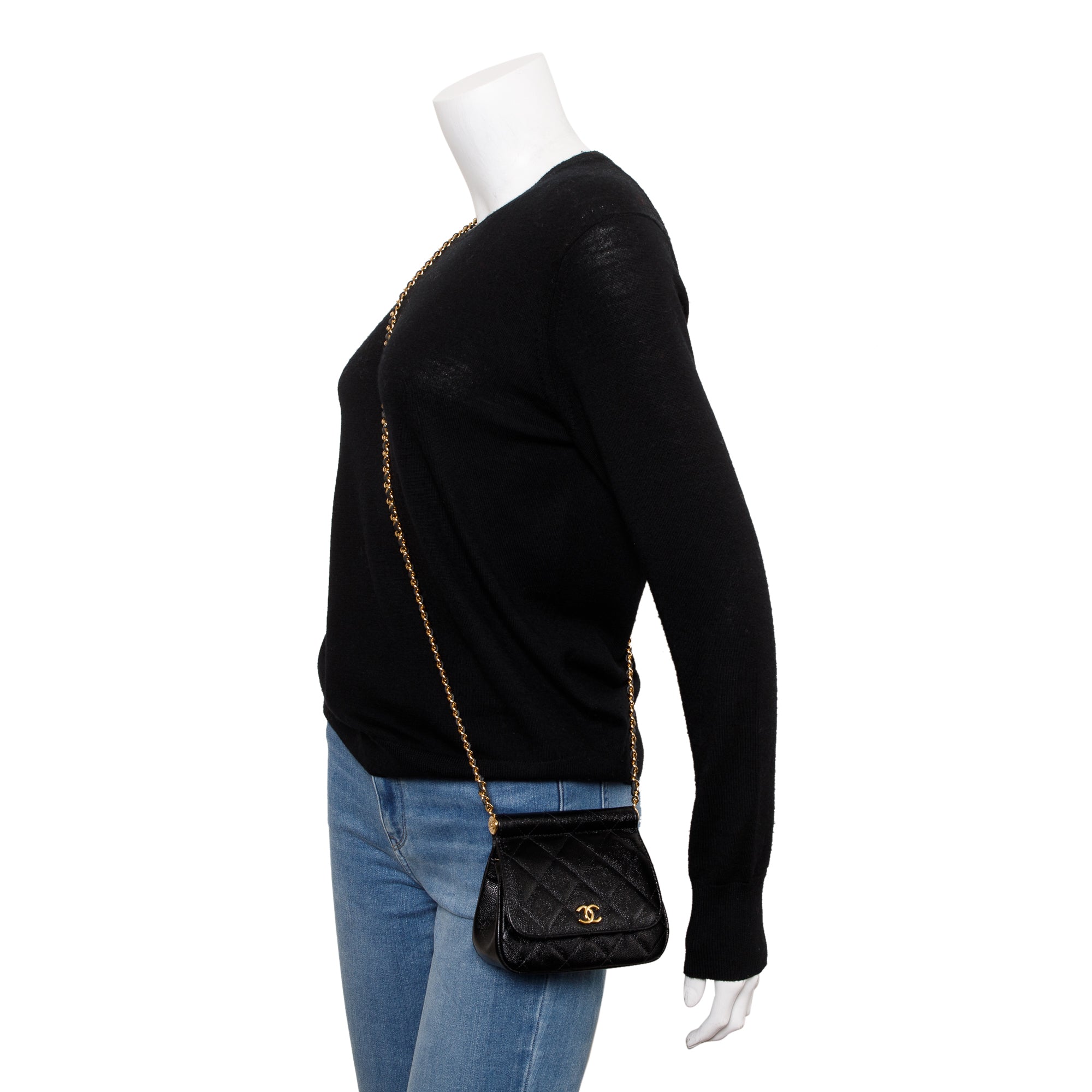 Chanel 2023 Black Quilted Caviar Micro Clutch with Chain w/ Box