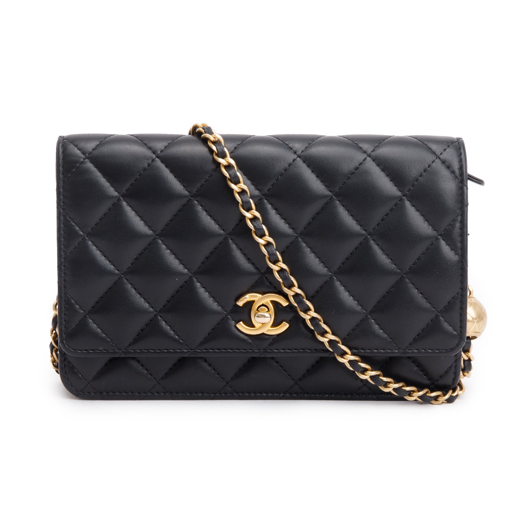 Chanel 2023 Black Quilted Lambskin Leather CC Pearl Crush Classic Wallet on Chain