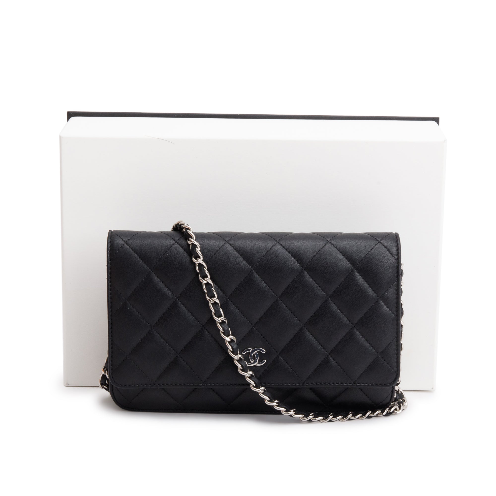 Chanel 2023 Black Quilted Lambskin Leather Classic Wallet on Chain w/ Box