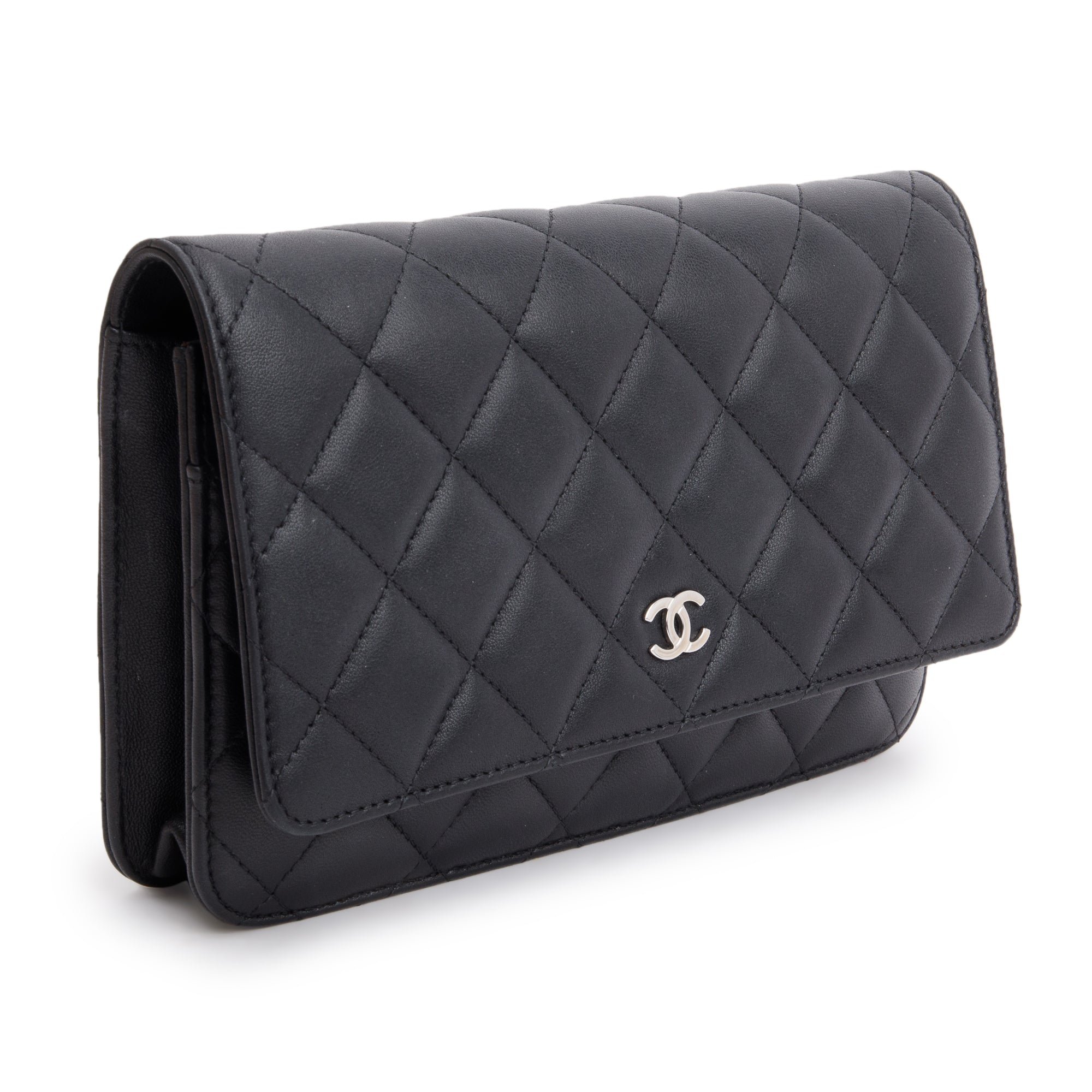 Chanel 2023 Black Quilted Lambskin Leather Classic Wallet on Chain w/ Box