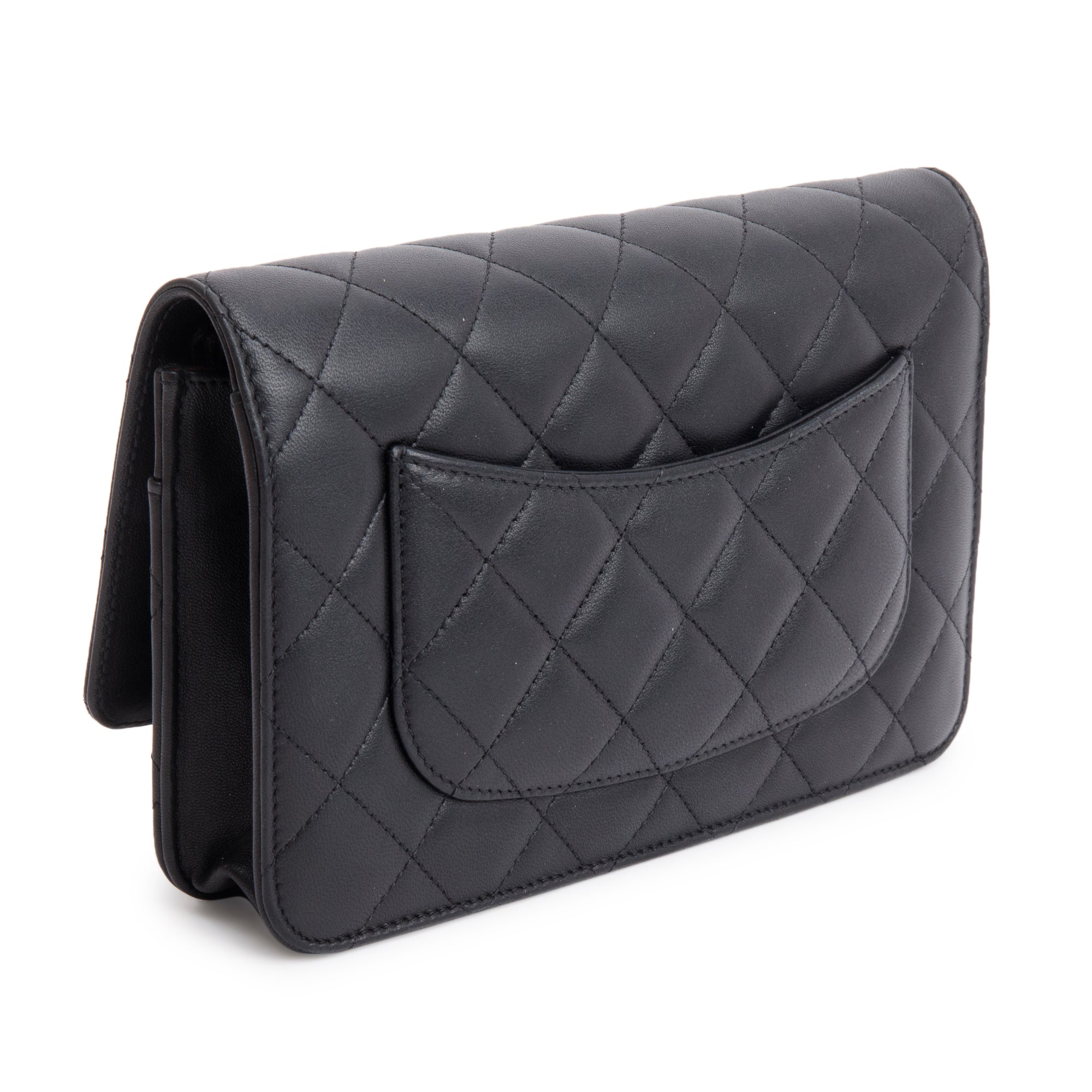 Chanel 2023 Black Quilted Lambskin Leather Classic Wallet on Chain w/ Box