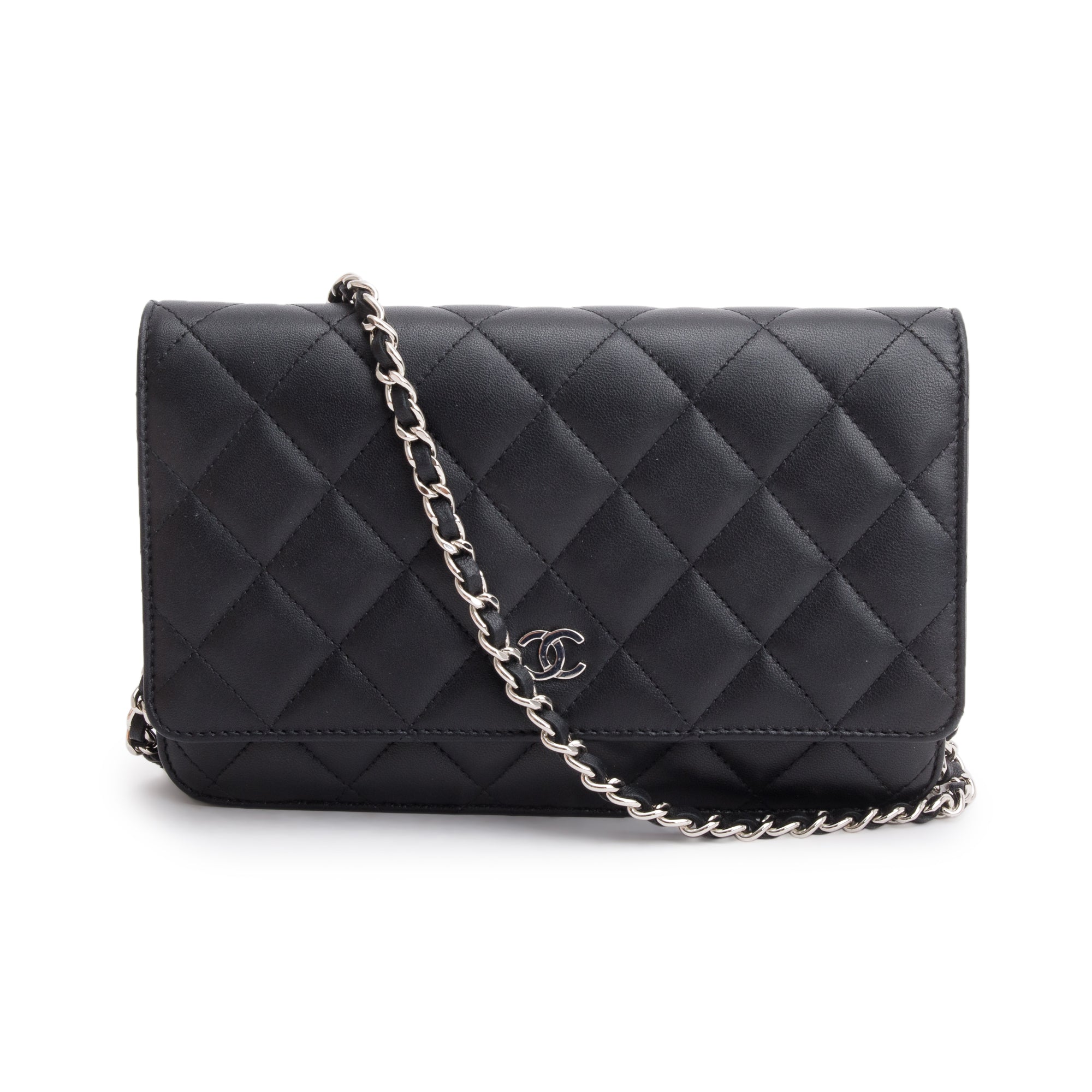 Chanel 2023 Black Quilted Lambskin Leather Classic Wallet on Chain w/ Box