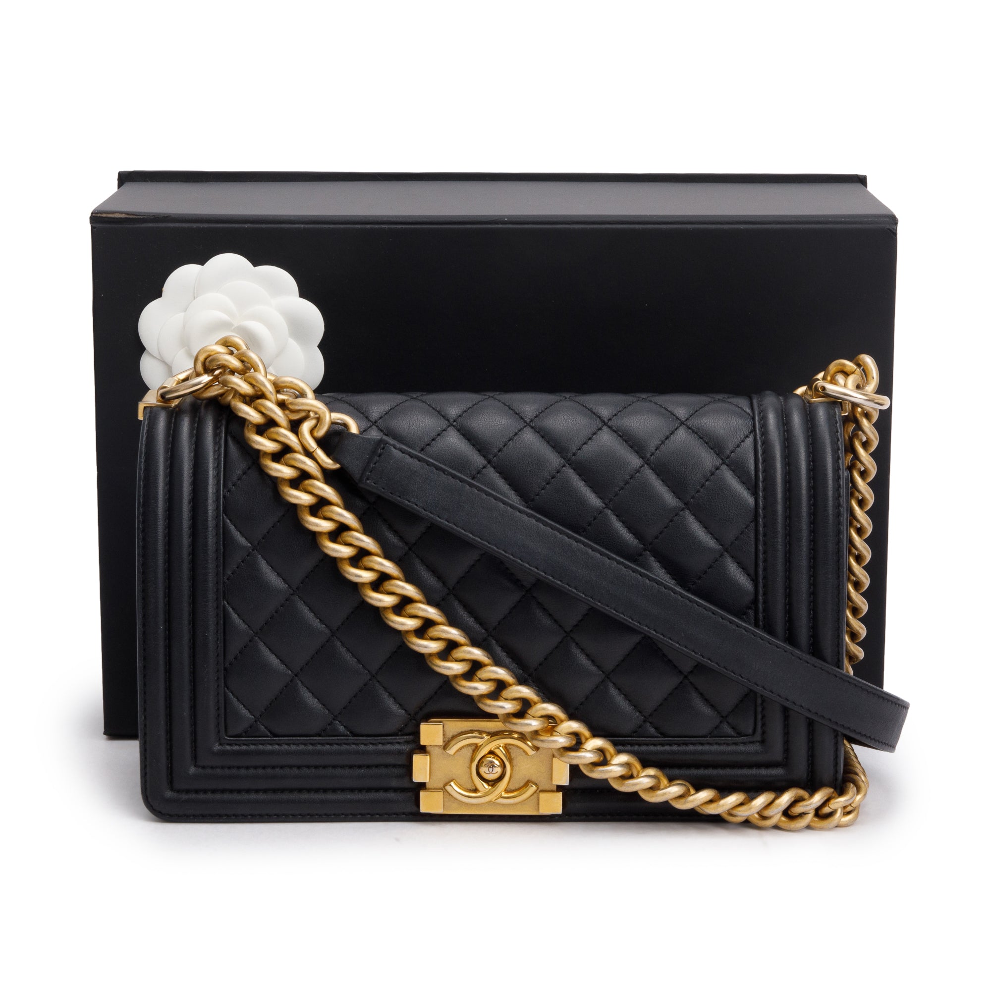 Chanel 2023 Black Quilted Lambskin Leather Medium Boy Bag w/ Box