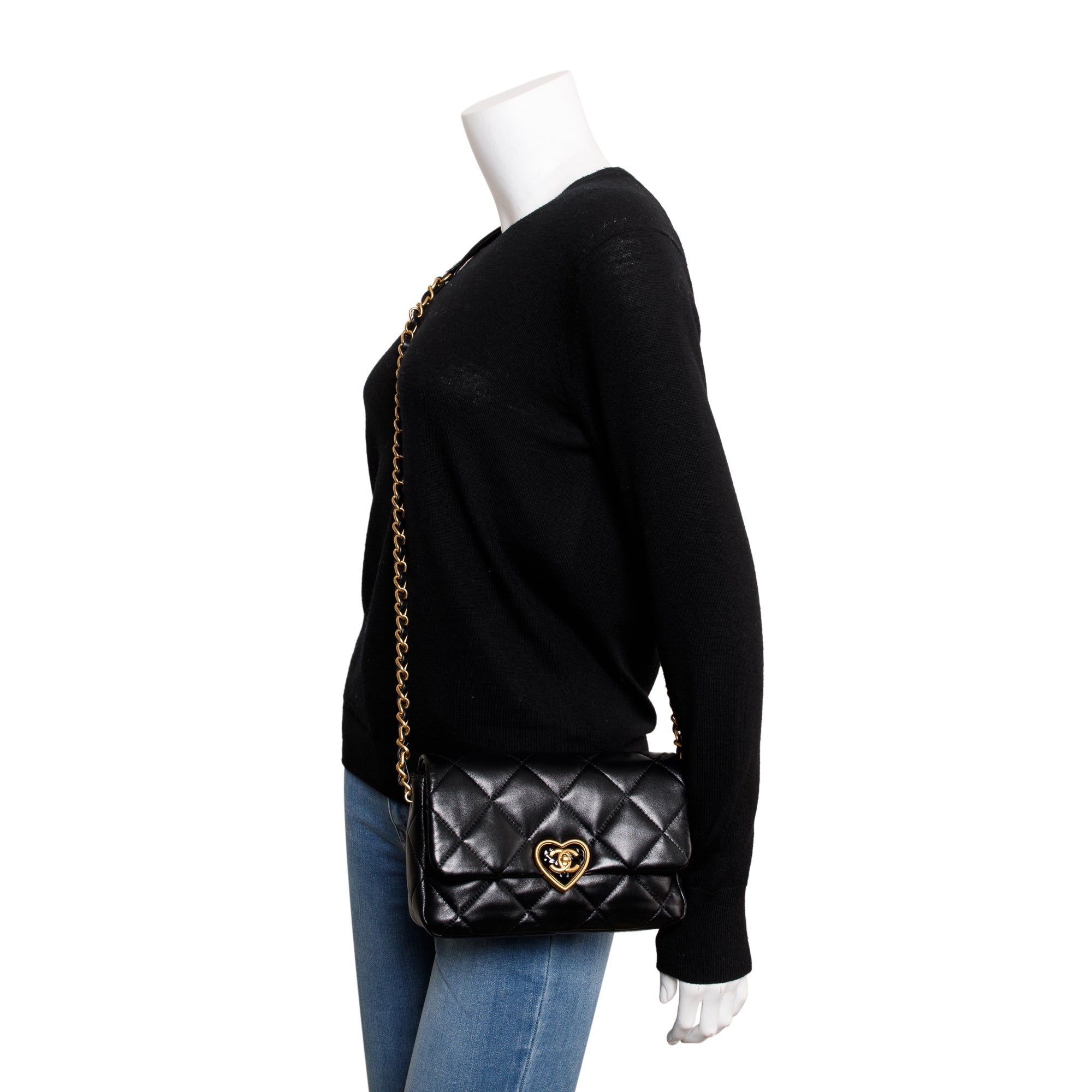 Chanel 2023 Black Quilted Lambskin Leather Small Heart Flap Bag w/ Box