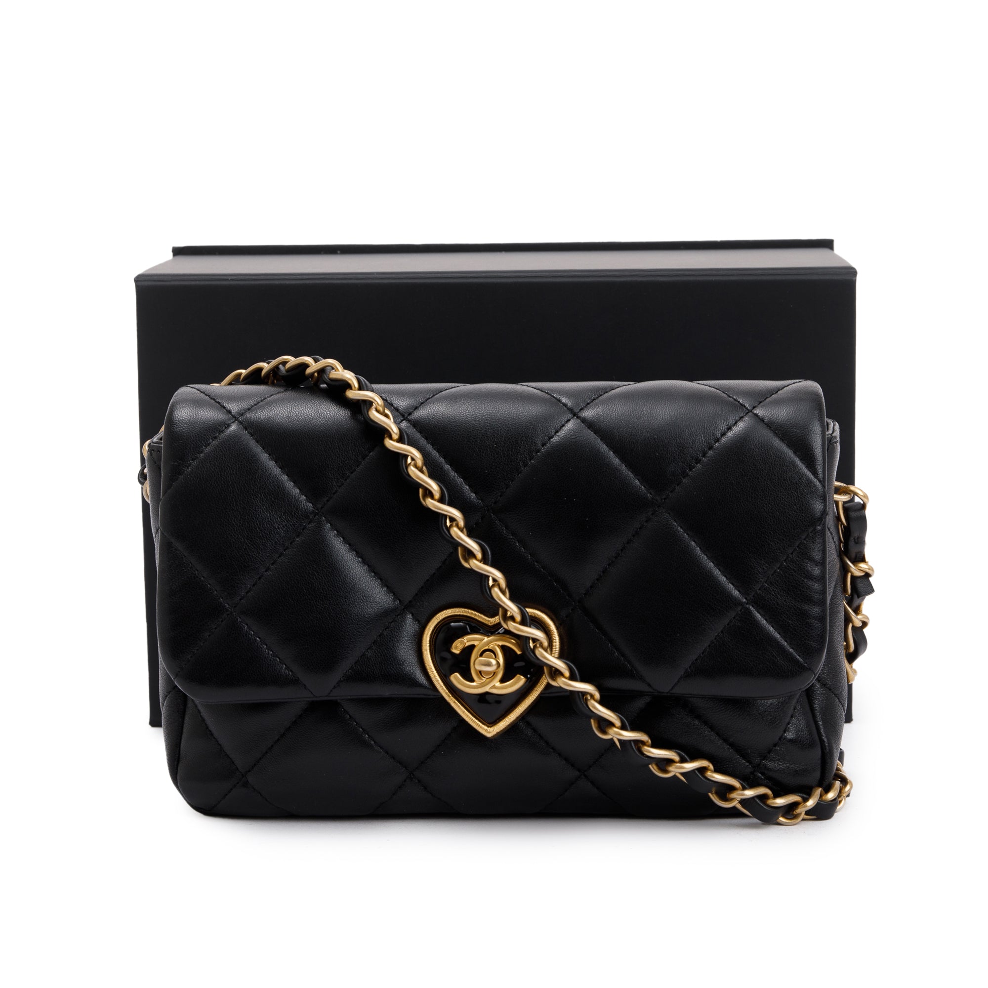 Chanel 2023 Black Quilted Lambskin Leather Small Heart Flap Bag w/ Box