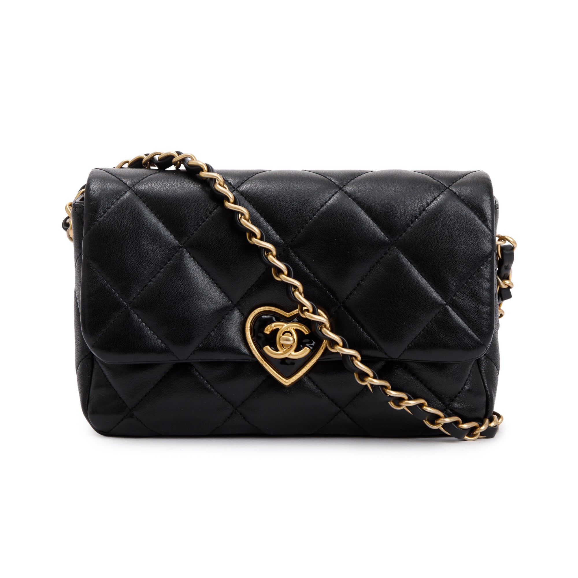 Chanel 2023 Black Quilted Lambskin Leather Small Heart Flap Bag w/ Box