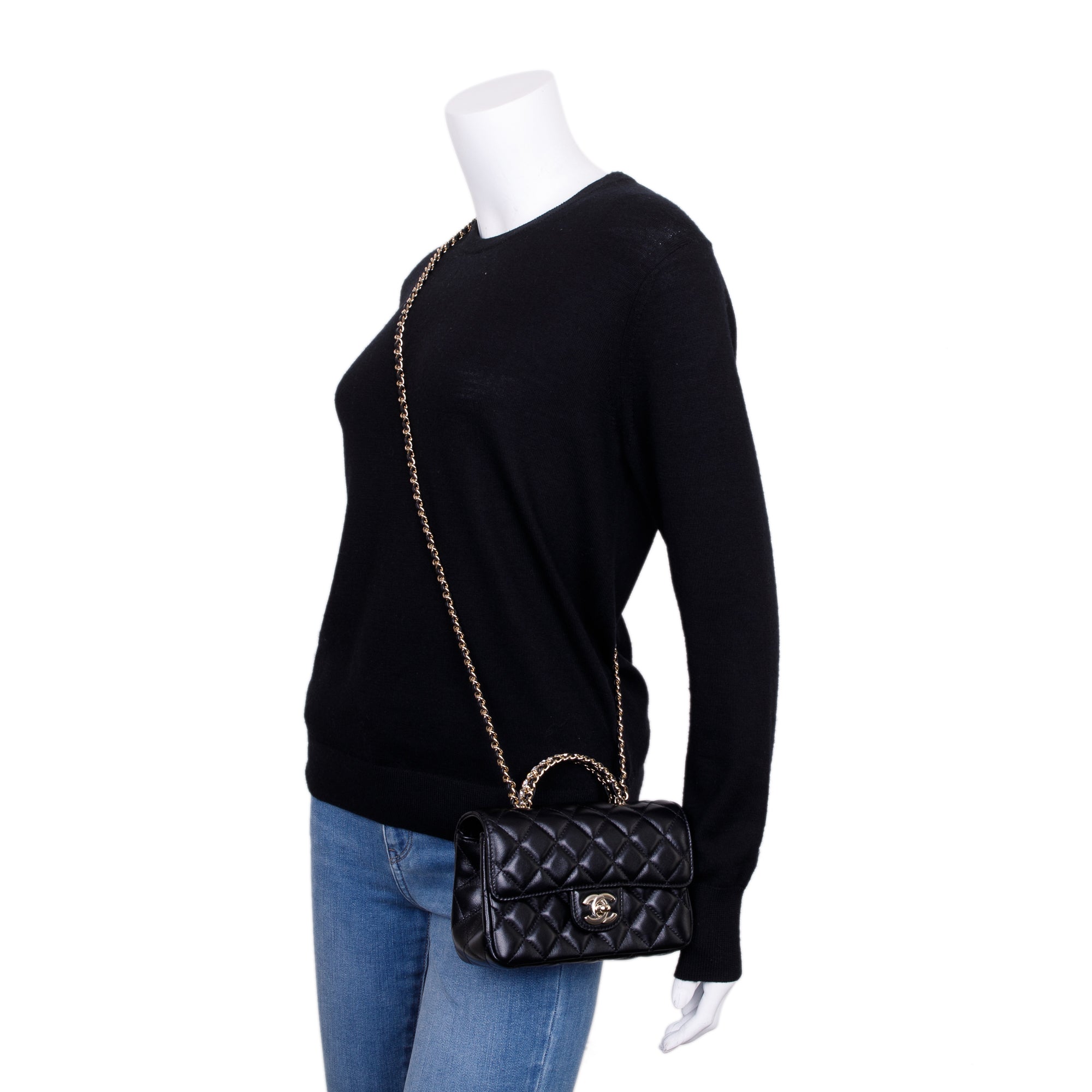 Chanel 2023 Black Quilted Lambskin Mini Crystal Top Handle Rectangular Flap Bag w/ Box & Receipt