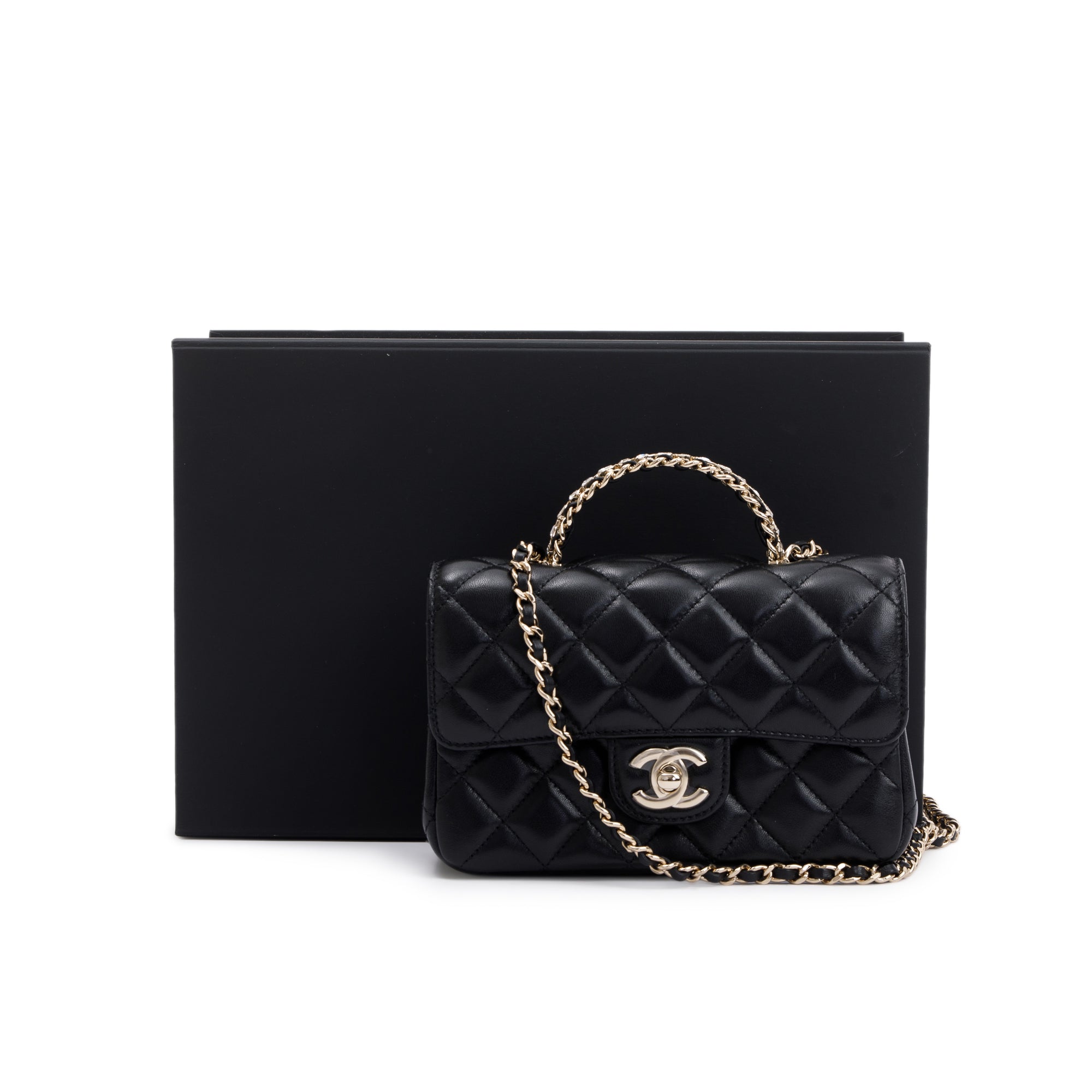 Chanel 2023 Black Quilted Lambskin Mini Crystal Top Handle Rectangular Flap Bag w/ Box & Receipt