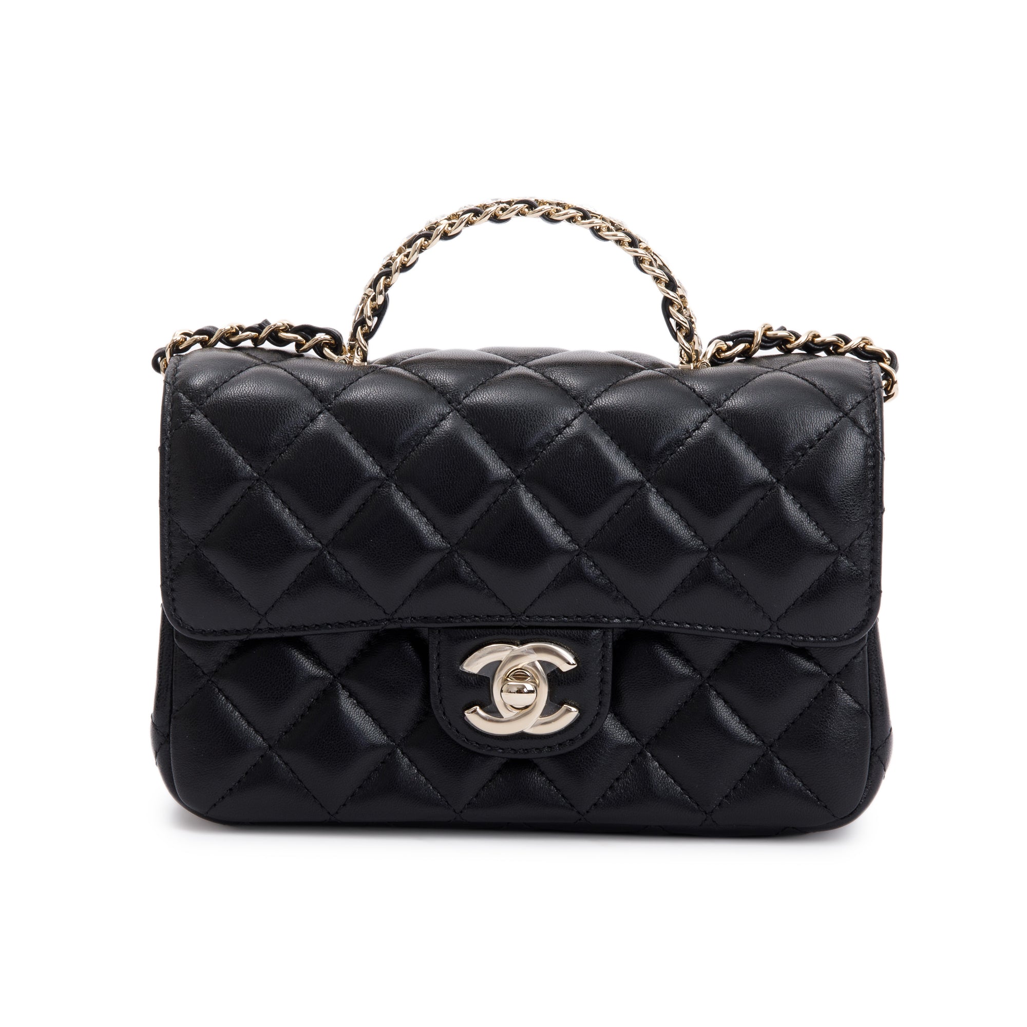 Chanel 2023 Black Quilted Lambskin Mini Crystal Top Handle Rectangular Flap Bag w/ Box & Receipt