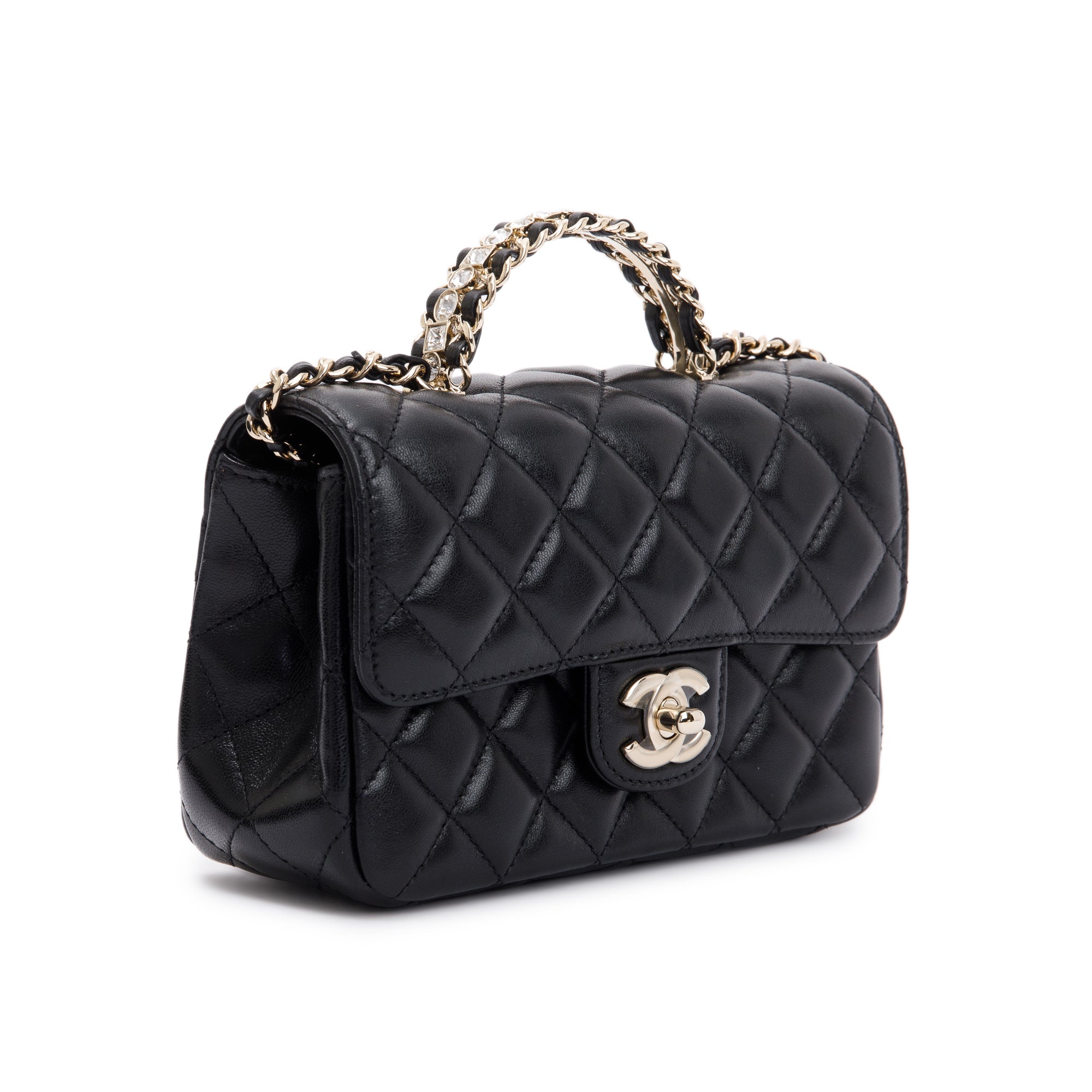 Chanel 2023 Black Quilted Lambskin Mini Crystal Top Handle Rectangular Flap Bag w/ Box & Receipt