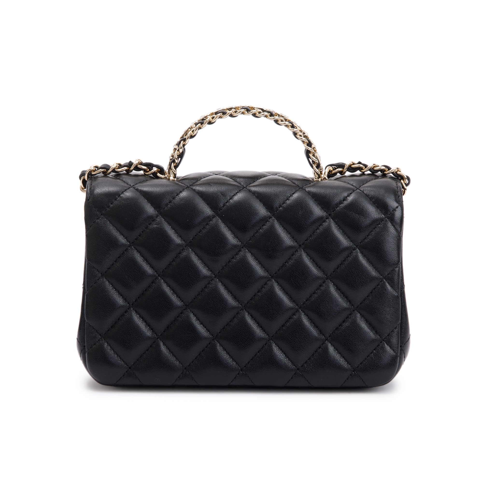Chanel 2023 Black Quilted Lambskin Mini Crystal Top Handle Rectangular Flap Bag w/ Box & Receipt