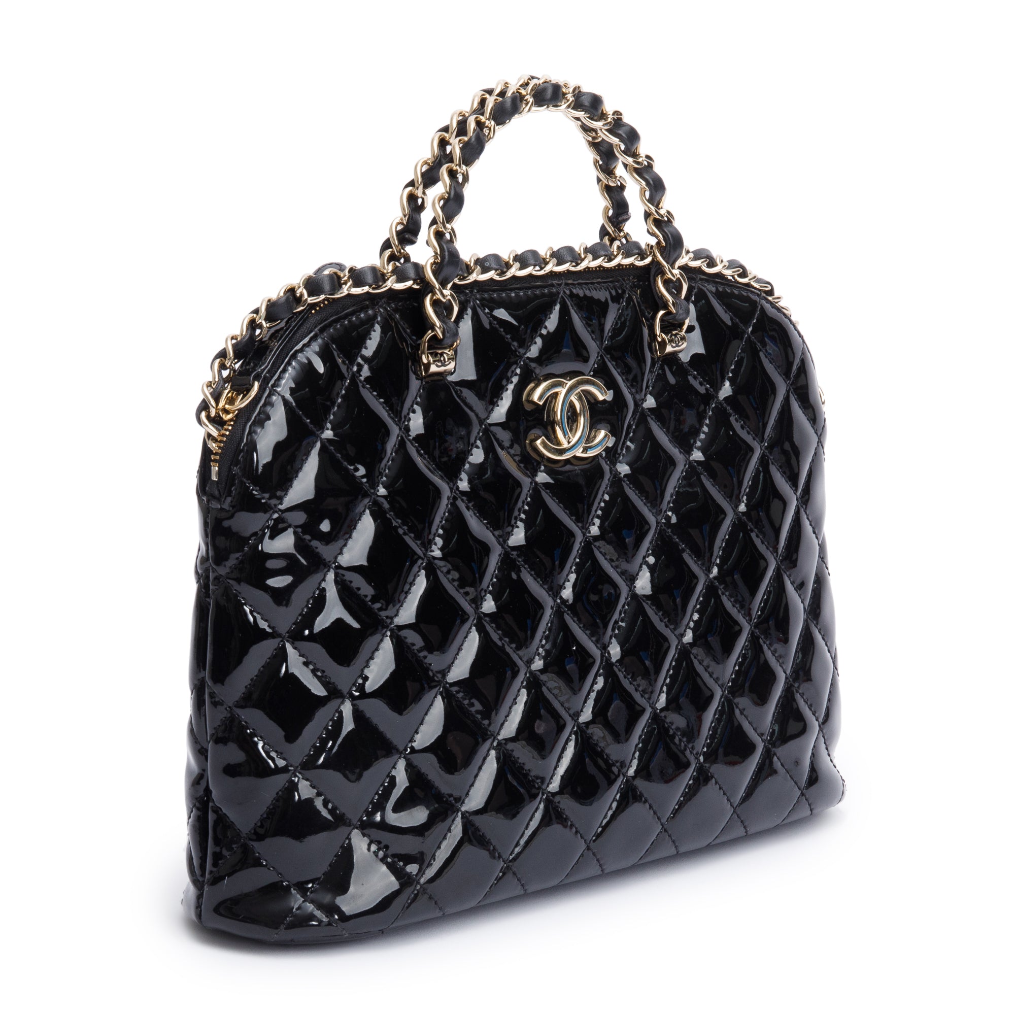 Chanel 2023 Black Quilted Patent Leather Shiny Coco Small Shopping Bag
