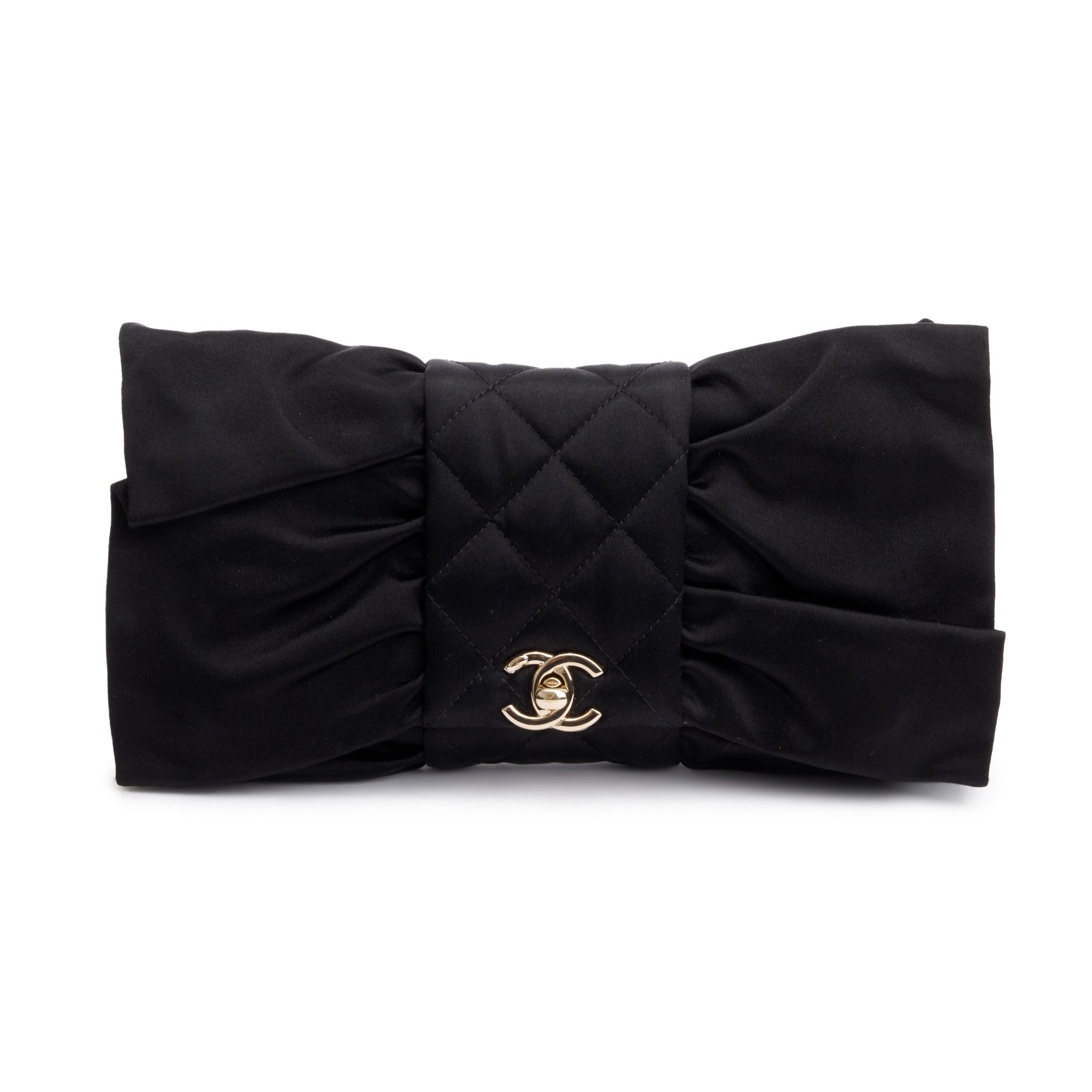 Chanel 2023 Black Quilted Satin Bow Clutch Crossbody
