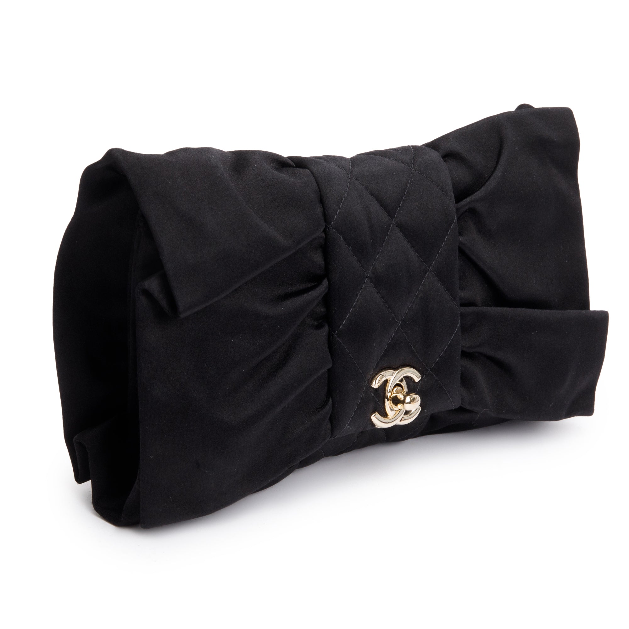 Chanel 2023 Black Quilted Satin Bow Clutch Crossbody