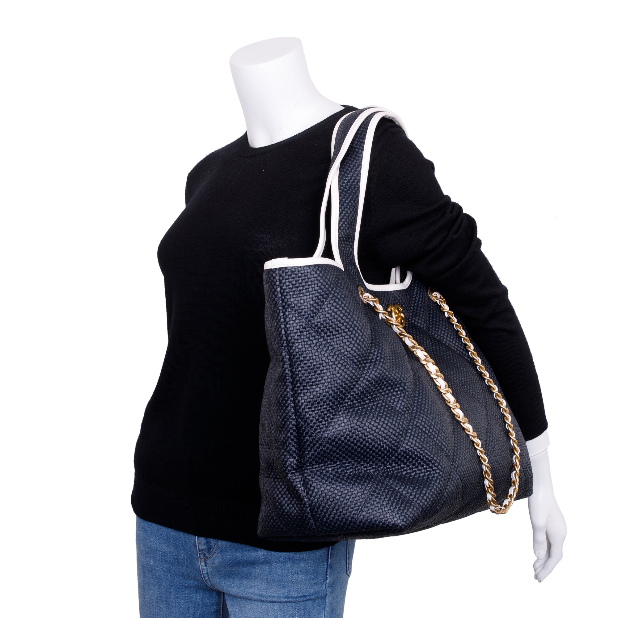 Chanel 2023 Black Raffia Calfskin Coco Maxi Beach Shopping Tote w/ Pouch