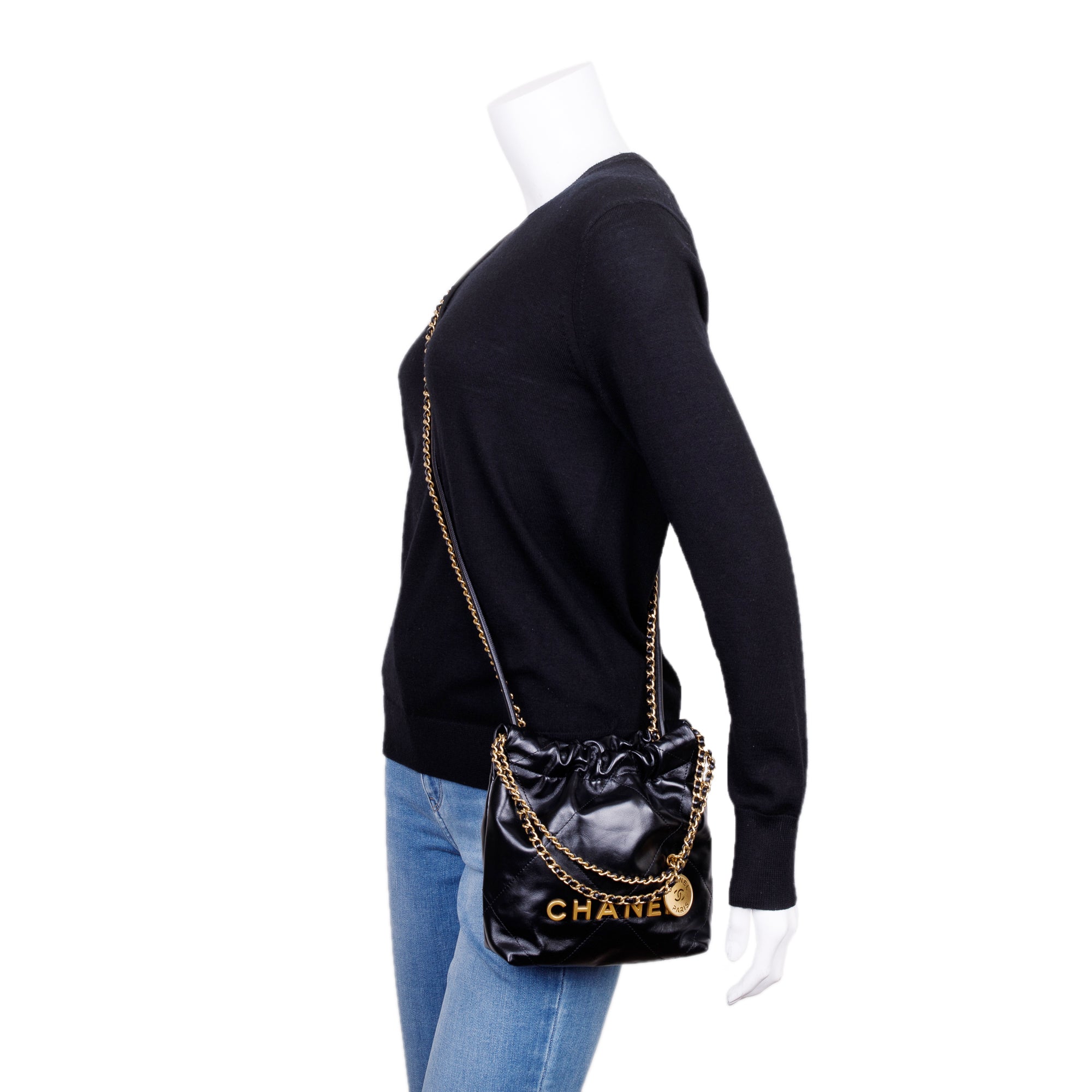 Chanel 2023 Black Shiny Calfskin Leather Mini Chanel 22 w/ Box & Receipt