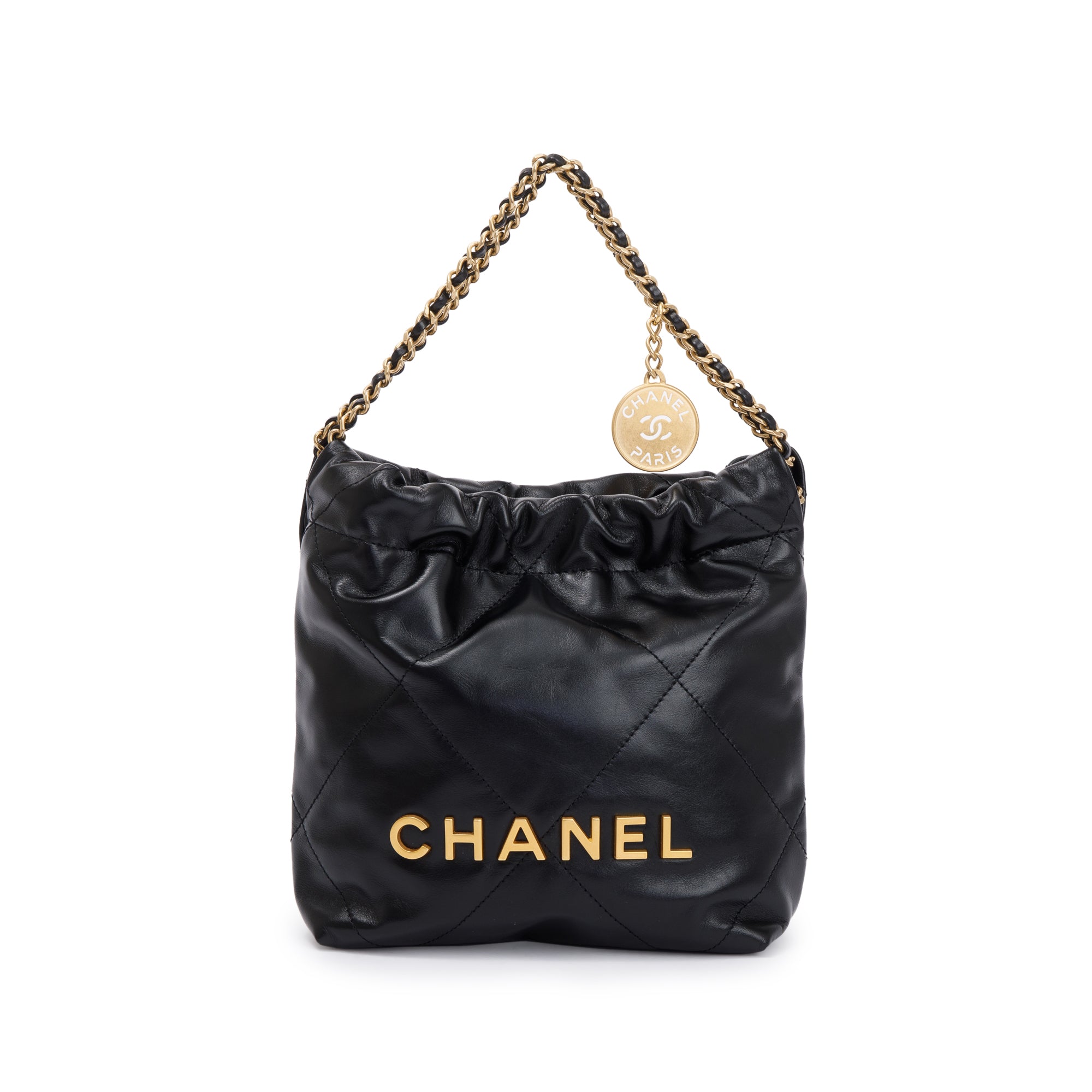 Chanel 2023 Black Shiny Calfskin Leather Mini Chanel 22 w/ Box & Receipt